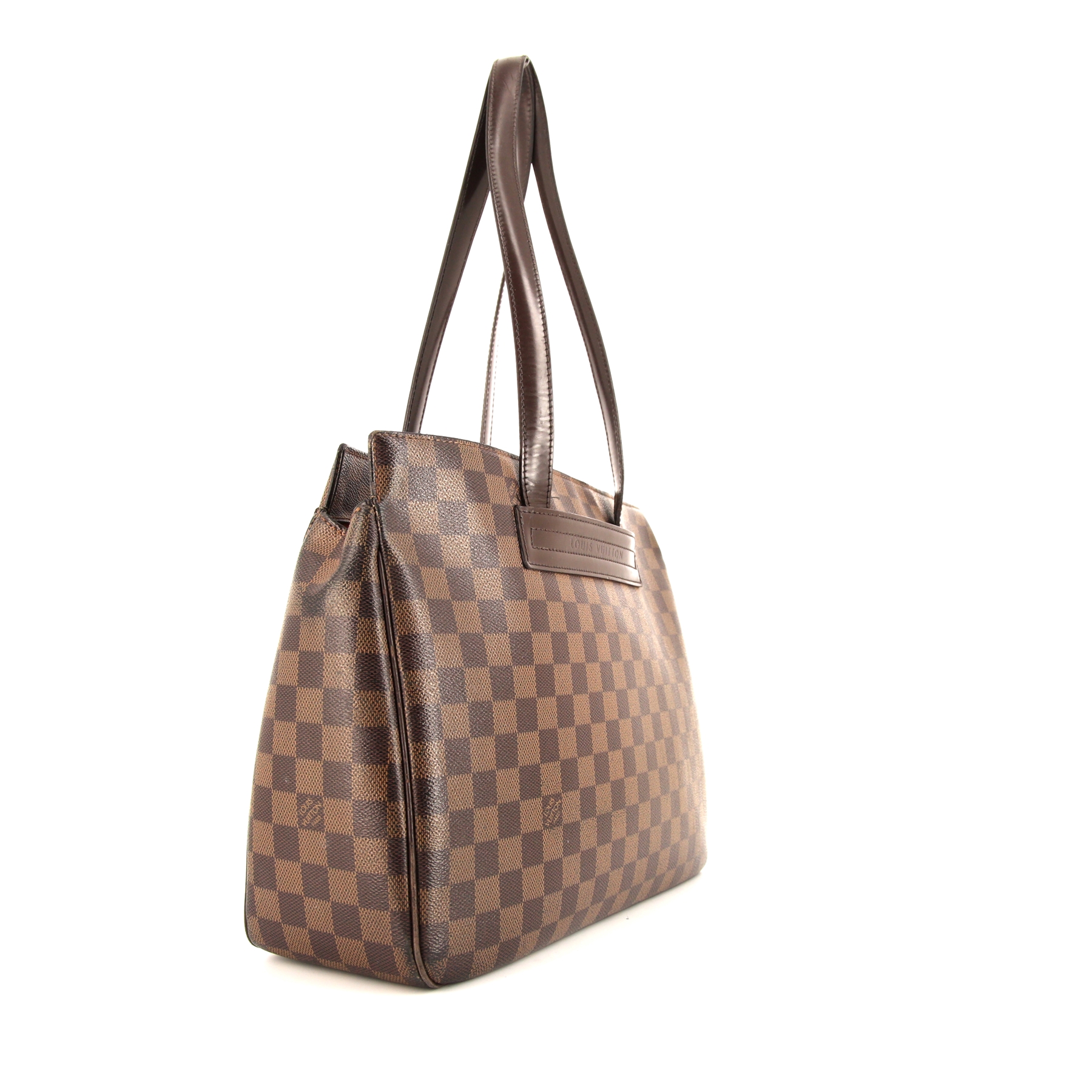 Sac à main Louis Vuitton Parioli en toile damier ébène et cuir marron