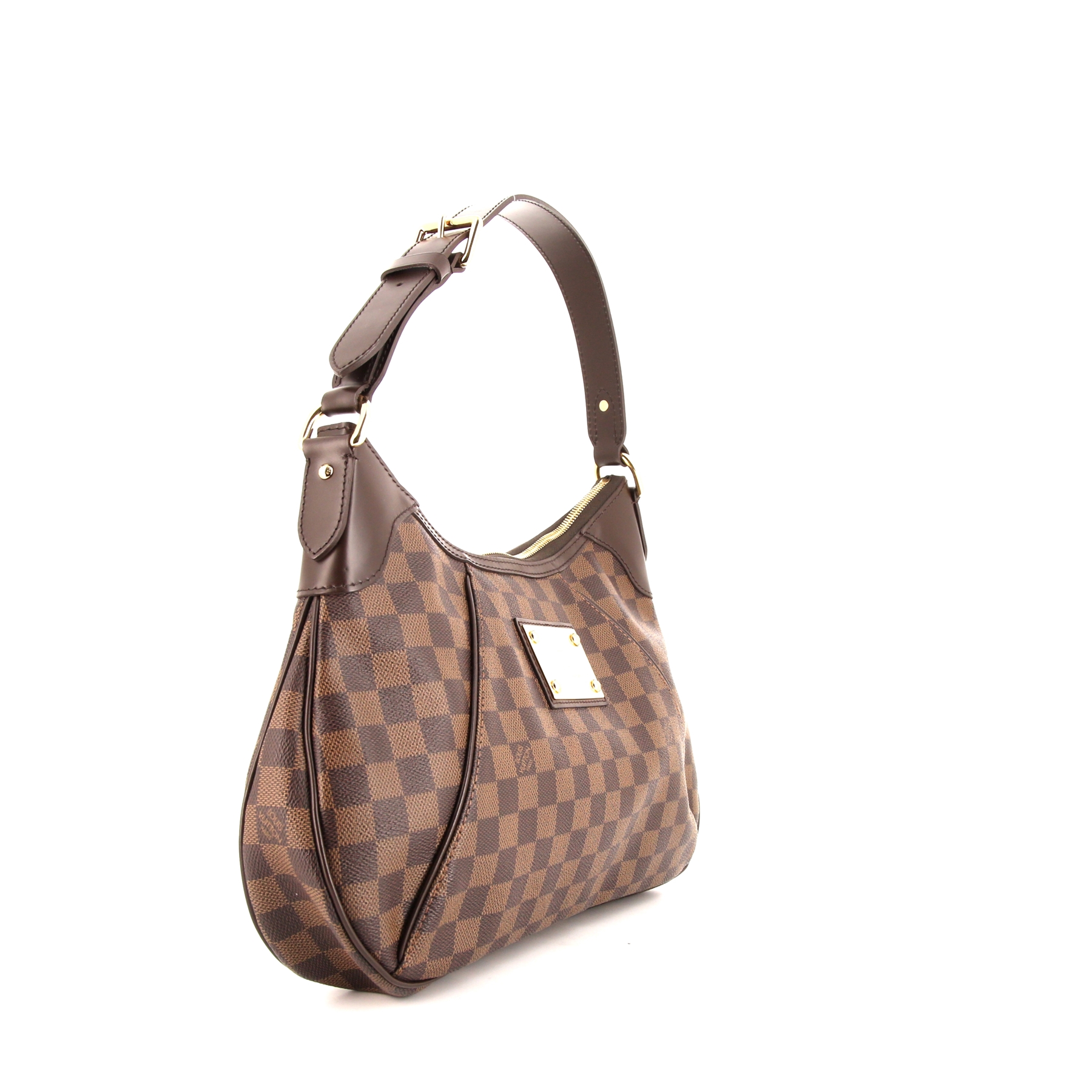 Sac porté épaule ou main Louis Vuitton Thames en toile damier enduite ébène et cuir marron