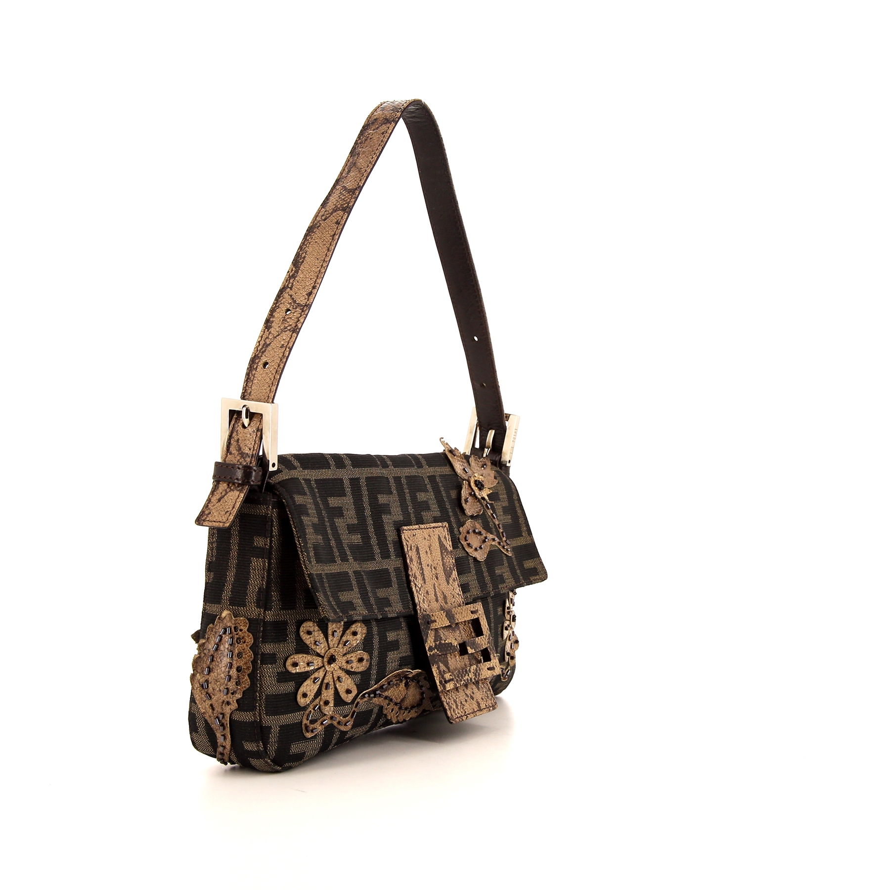 Bolso de mano Fendi Baguette en lona Monogram marrón y piel de pitón beige