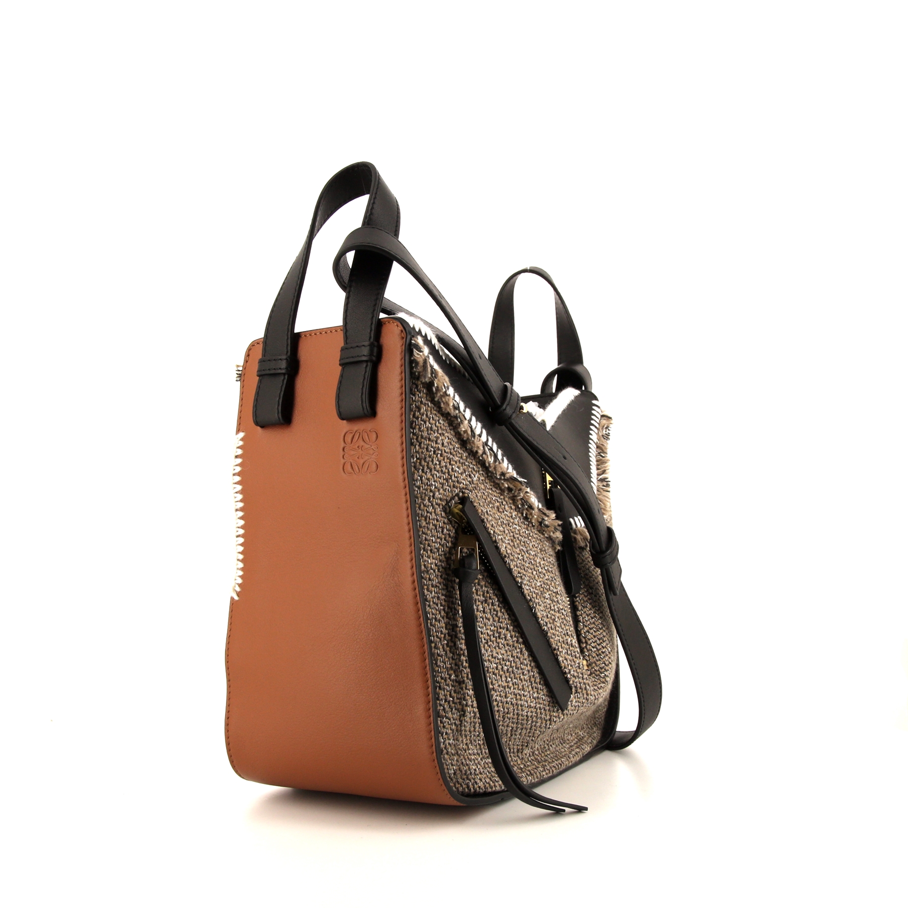 Borsa a tracolla Loewe Hammock modello medio in tela beige e nera e pelle marrone