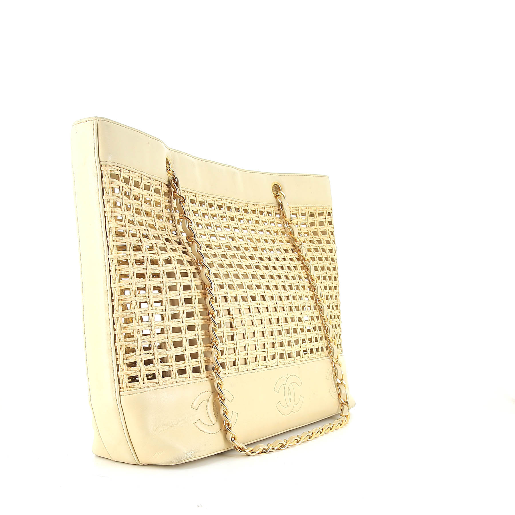 Sac cabas Chanel Grand Shopping en cuir beige et raffia beige
