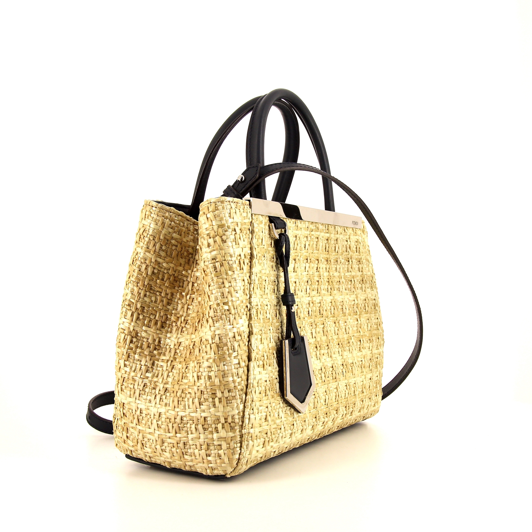 Sac à main Fendi 2 Jours petit en cuir bleu-foncé et raffia beige
