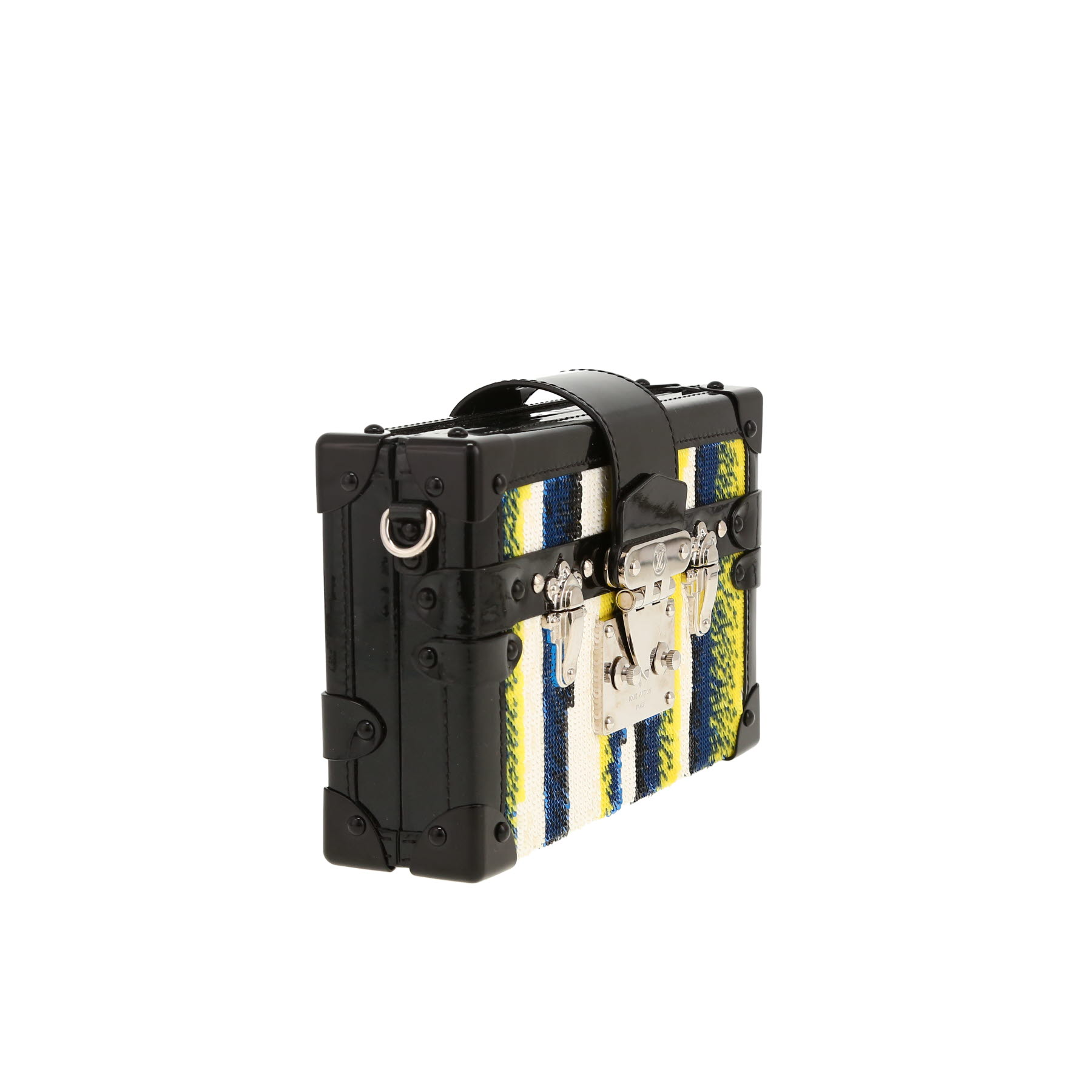 Louis Vuitton Petite Malle clutch in black, blue, white and yellow paillette and black patent leather