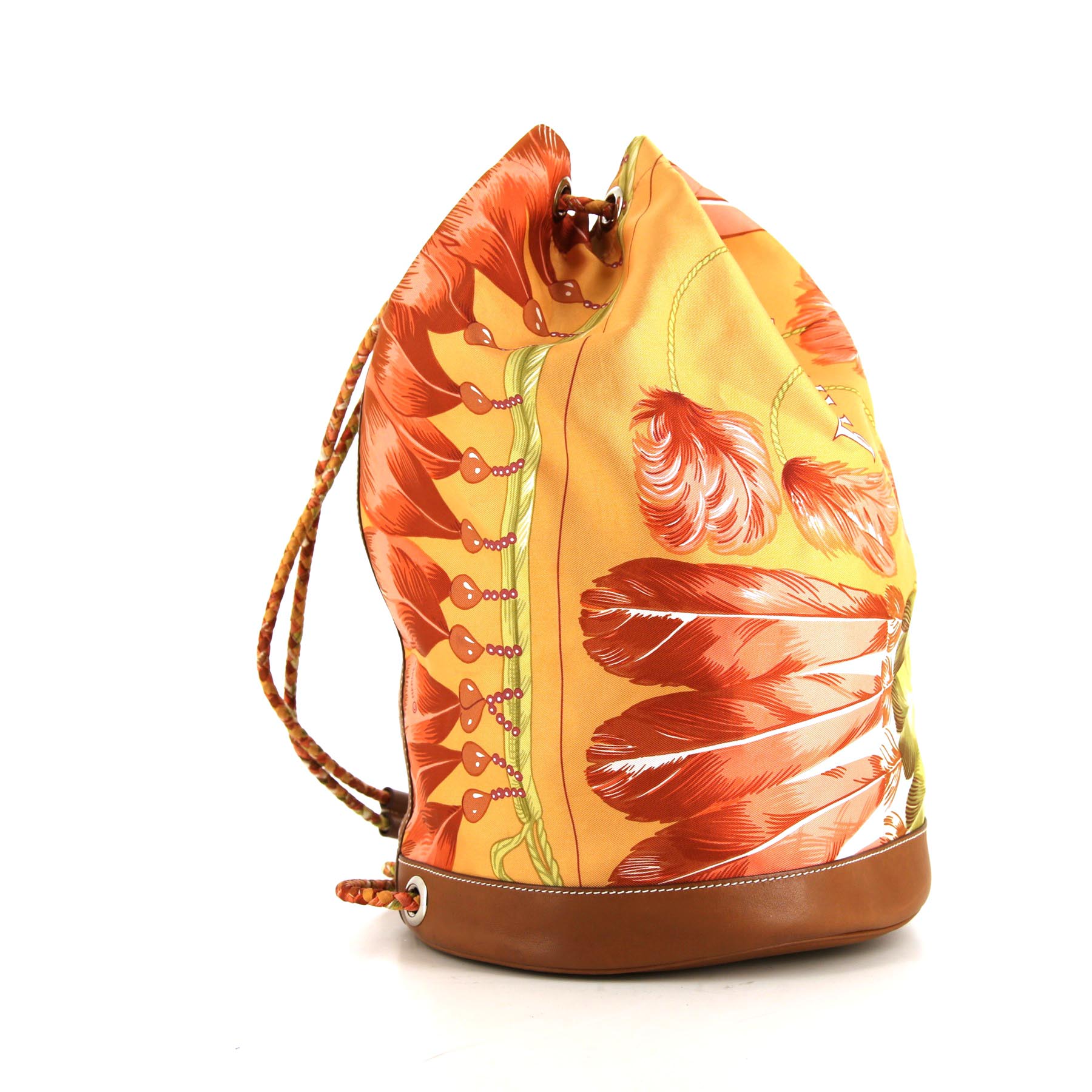 Zaino Hermès Soie Cool in seta gialla e arancione con decorazione a piume e pelle Barenia