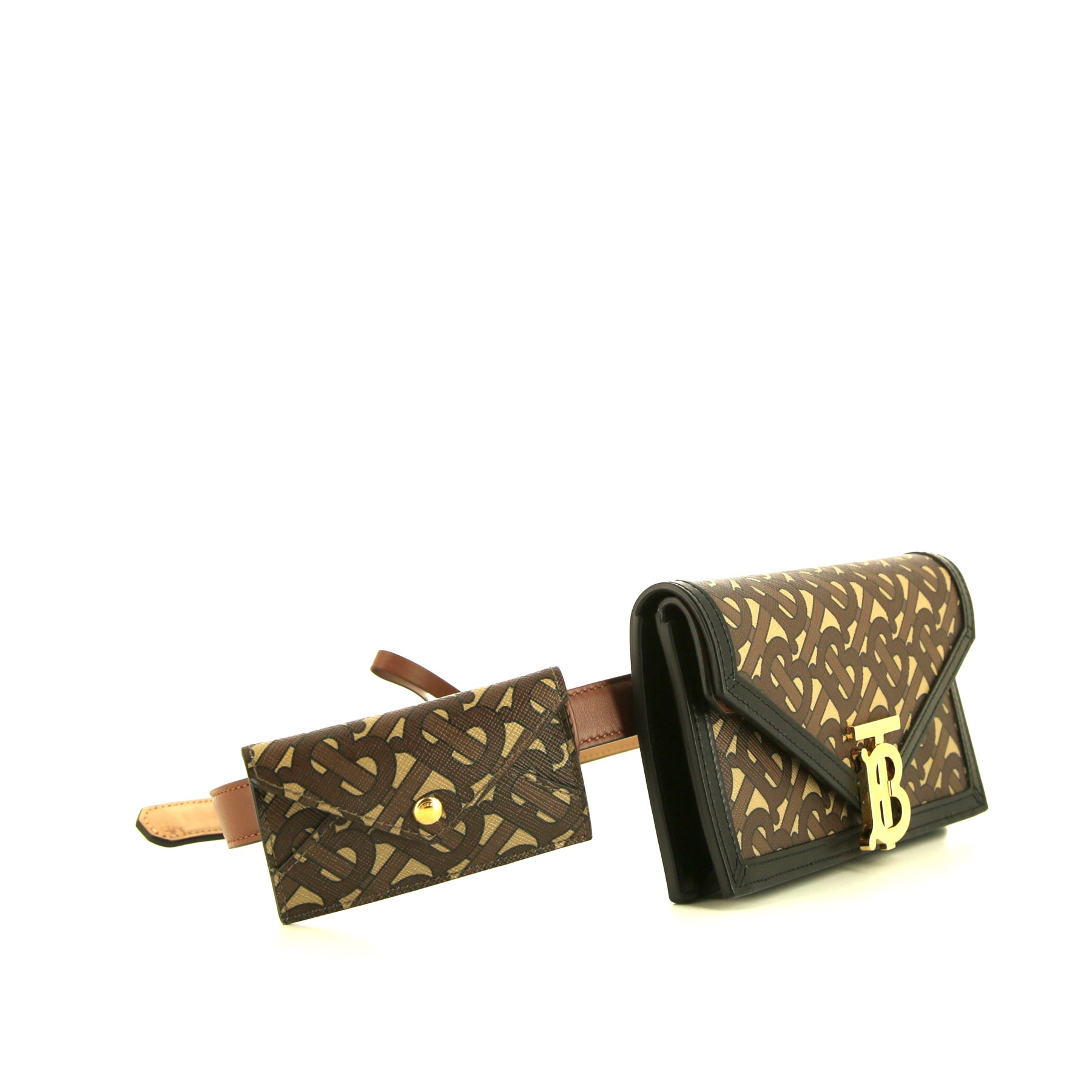 Burberry TB clutch-belt in brown monogram canvas and black leather