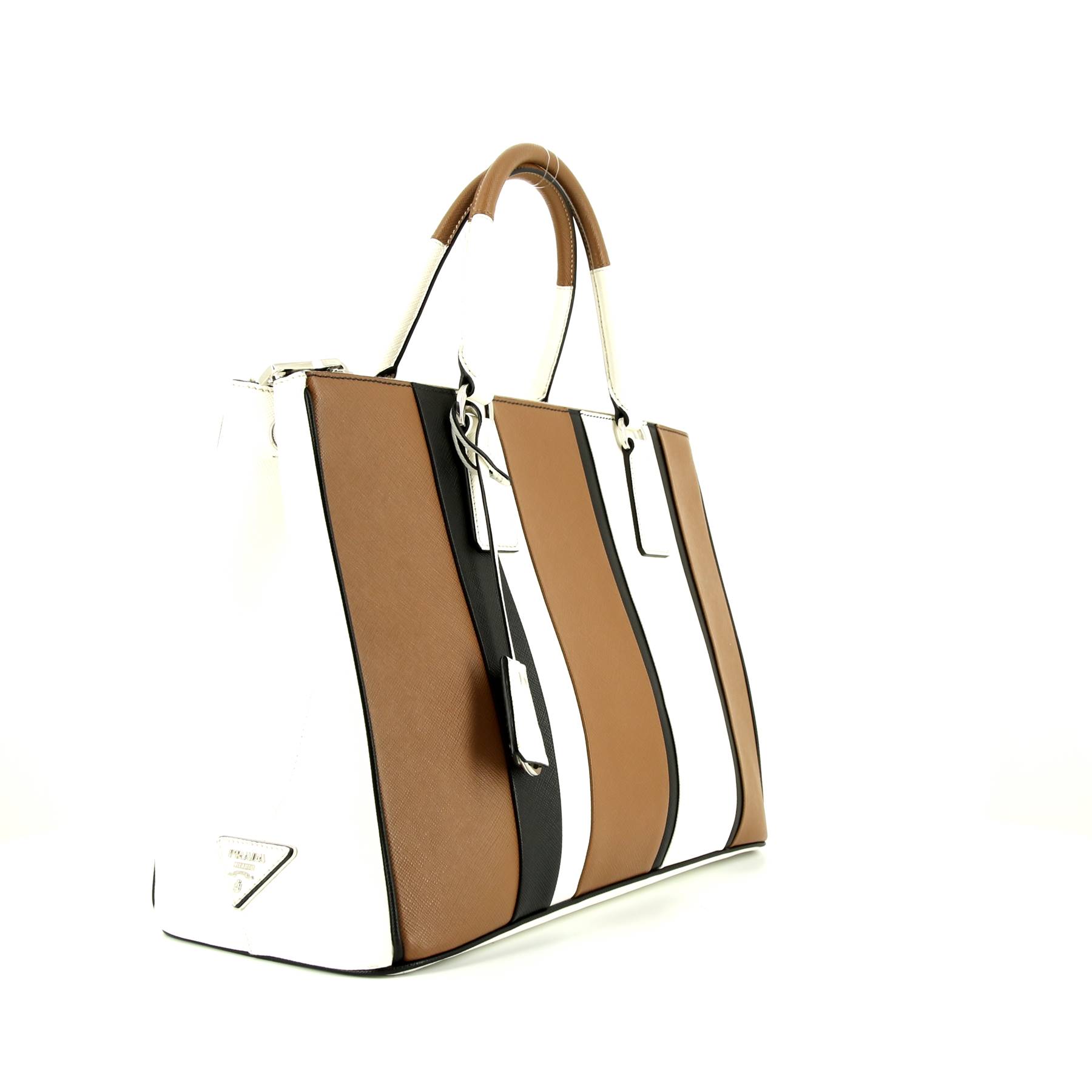 Bolso de mano Prada Galleria modelo grande en cuero saffiano negro, marrón y blanco