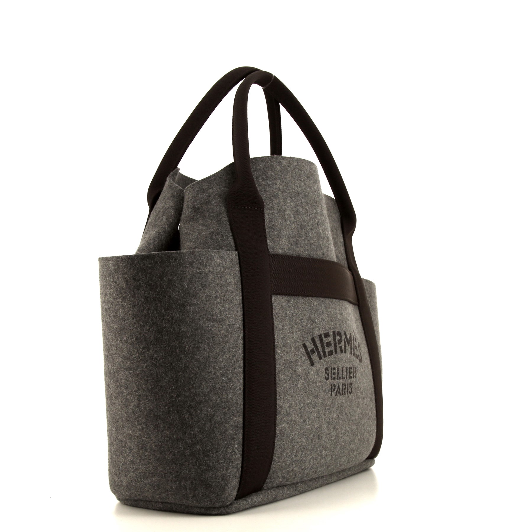 Hermès  Sac de pansage Groom shopping bag  in grey felt lined whool  and brown canvas