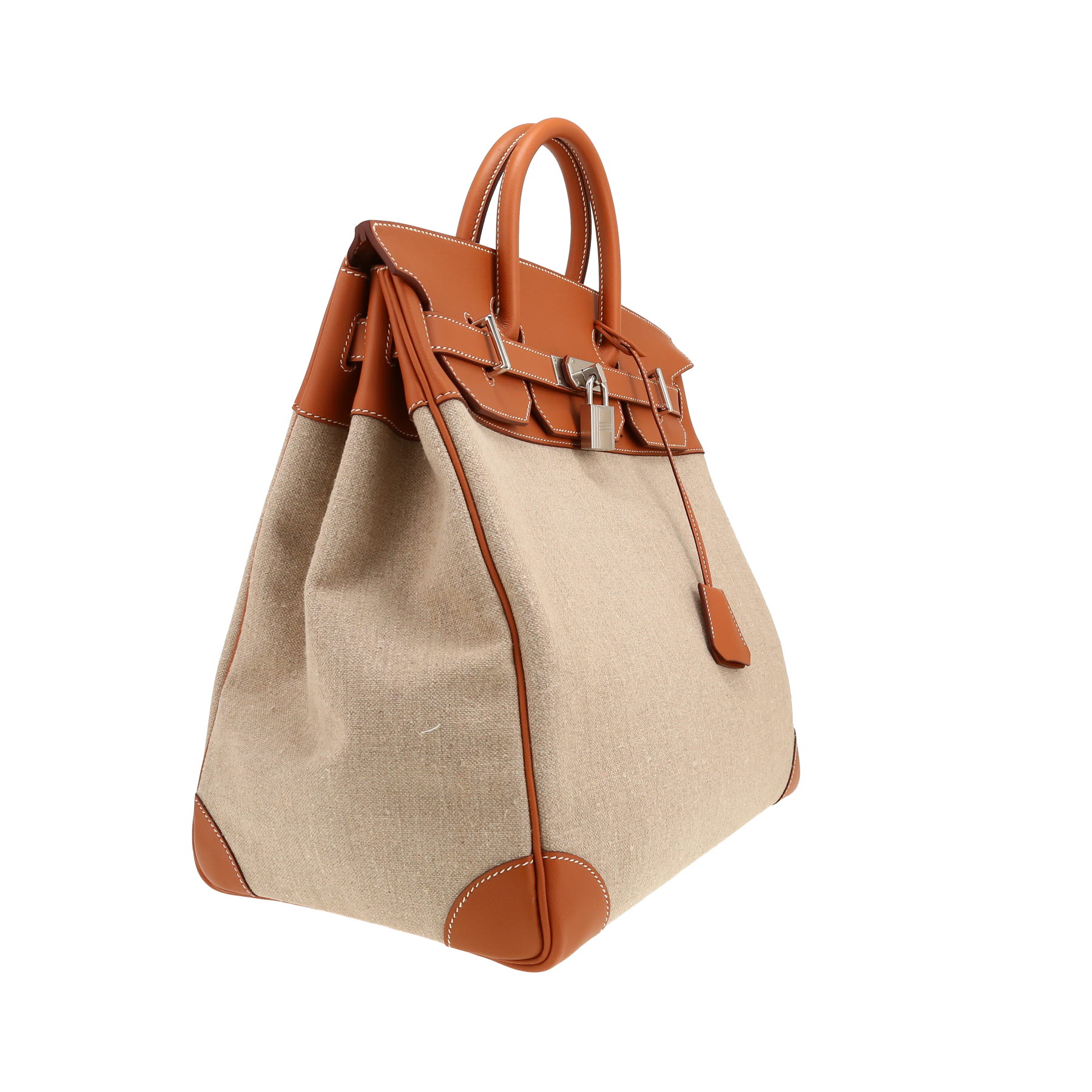 Sac de voyage Hermes Haut à Courroies - Travel Bag en cuir Barénia marron et toile beige
