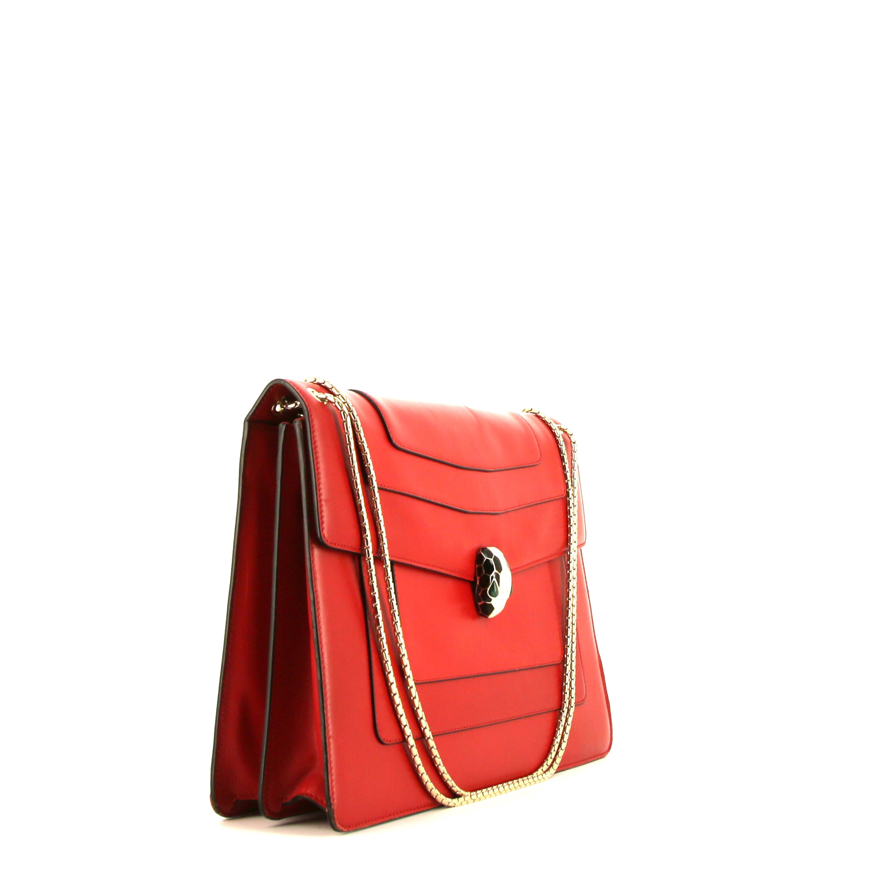 Bulgari Serpenti bag worn on the shoulder or carried in the hand in red leather