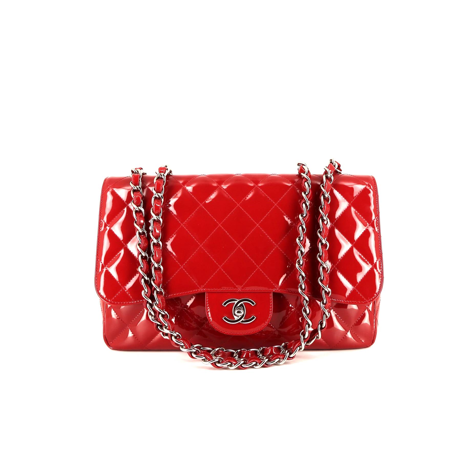 Borsa Chanel Timeless jumbo in pelle verniciata e foderata rossa - 360