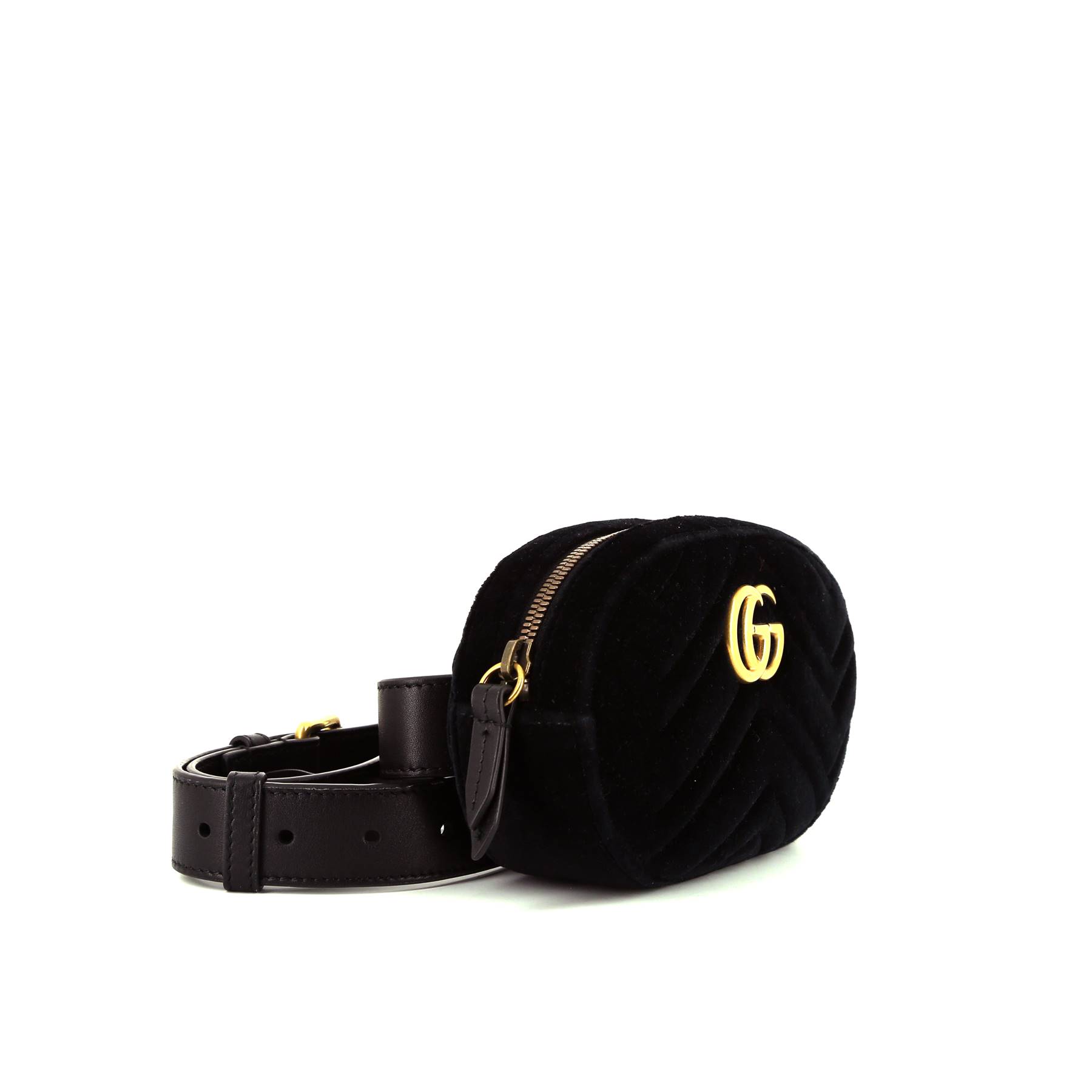 Pochette-cintura Gucci GG Marmont in velluto trapuntato nero con motivo a spina di pesce e pelle nera