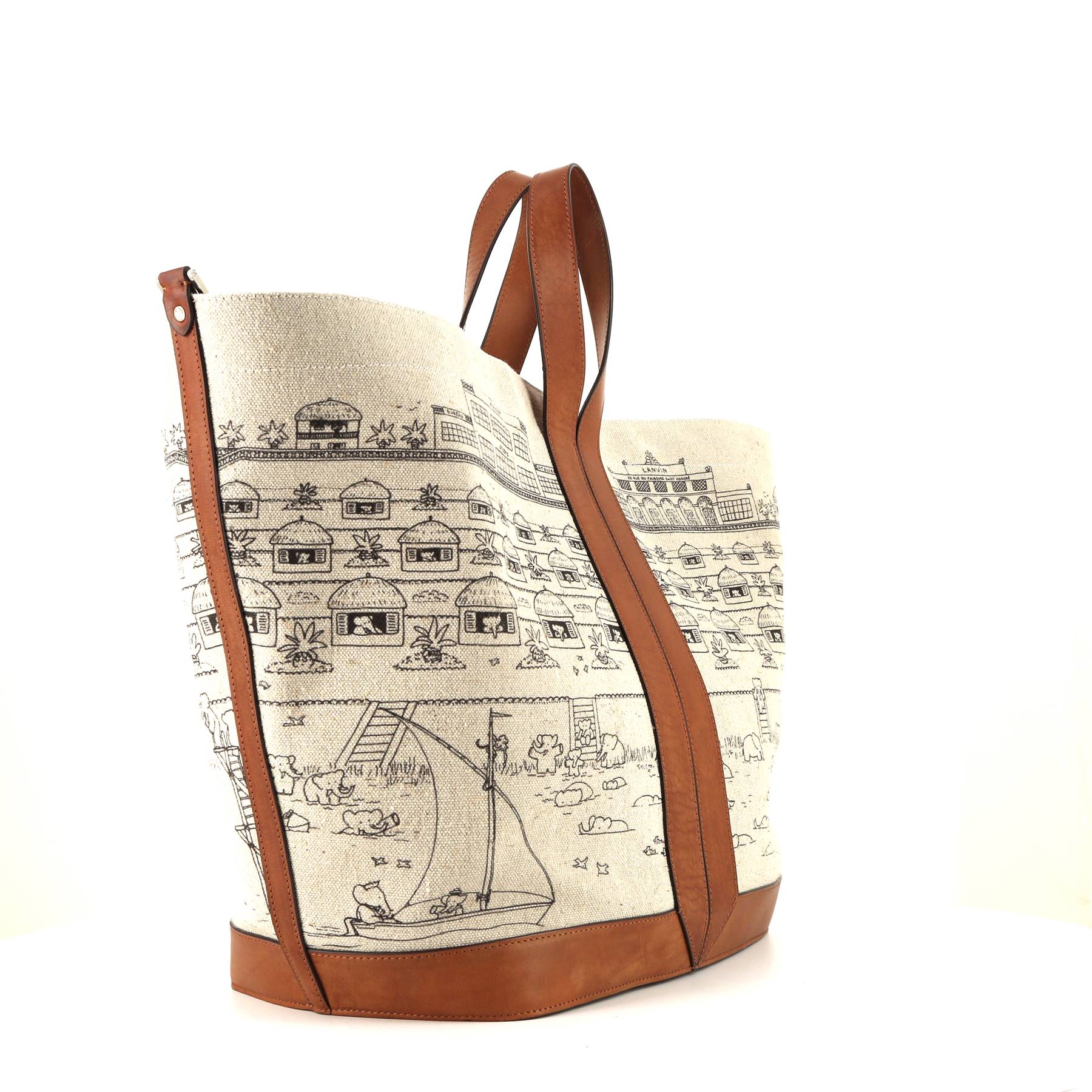 Lanvin shopping bag in beige canvas and brown leather