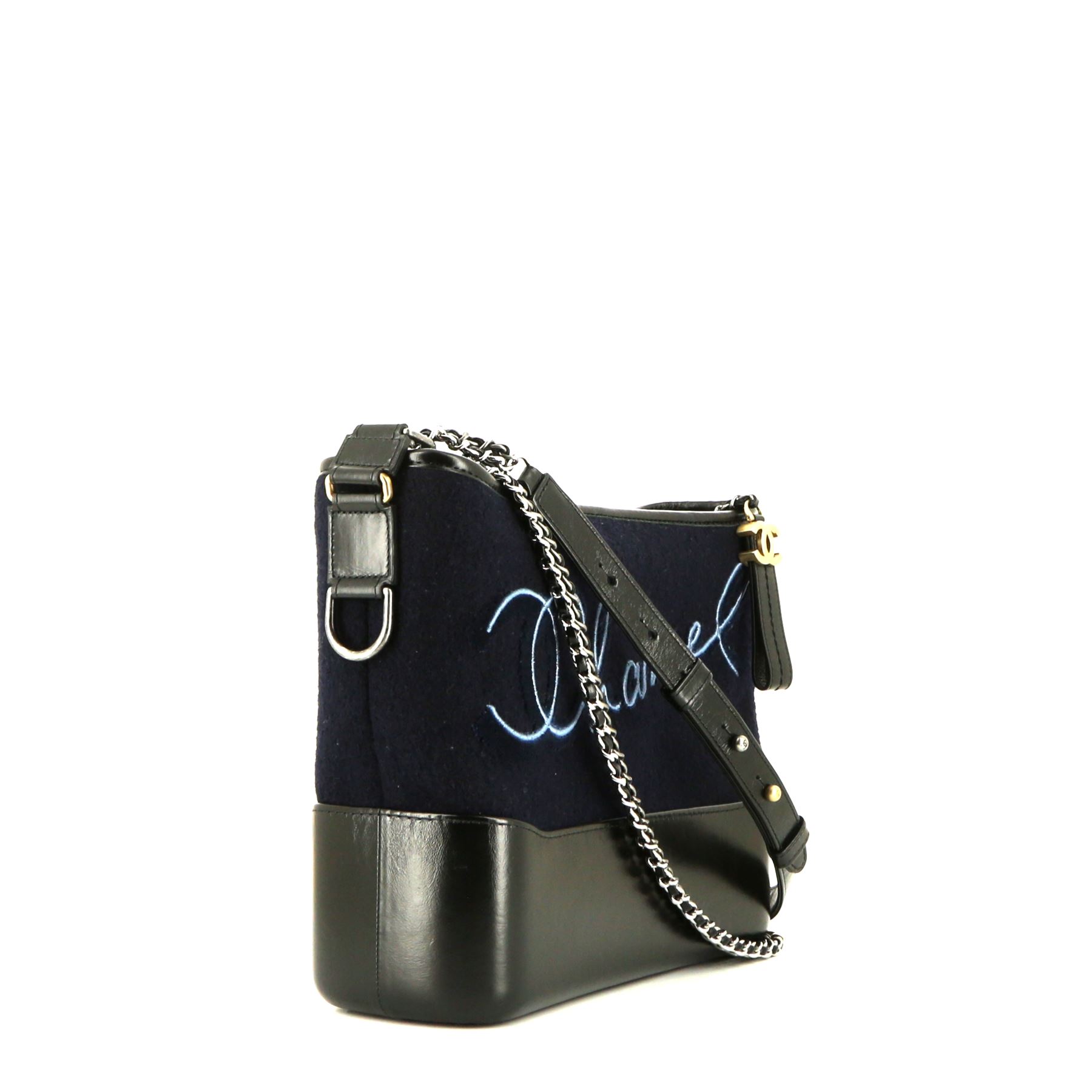 Bolso bandolera Chanel Gabrielle Collection Paris-Hamburg en lana azul marino y cuero negro