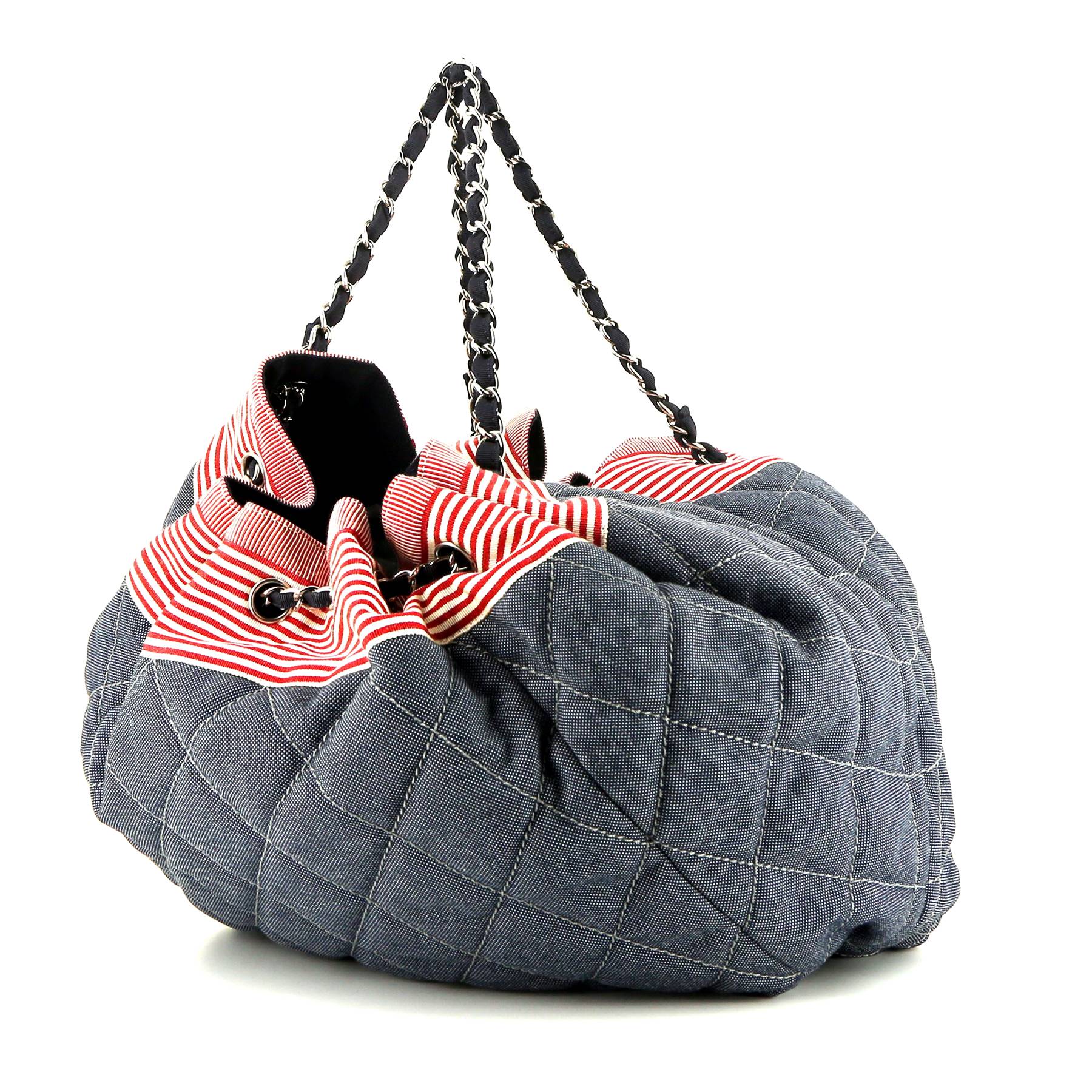 Chanel Coco Mark Tote handbag in white and red canvas and blue denim canvas
