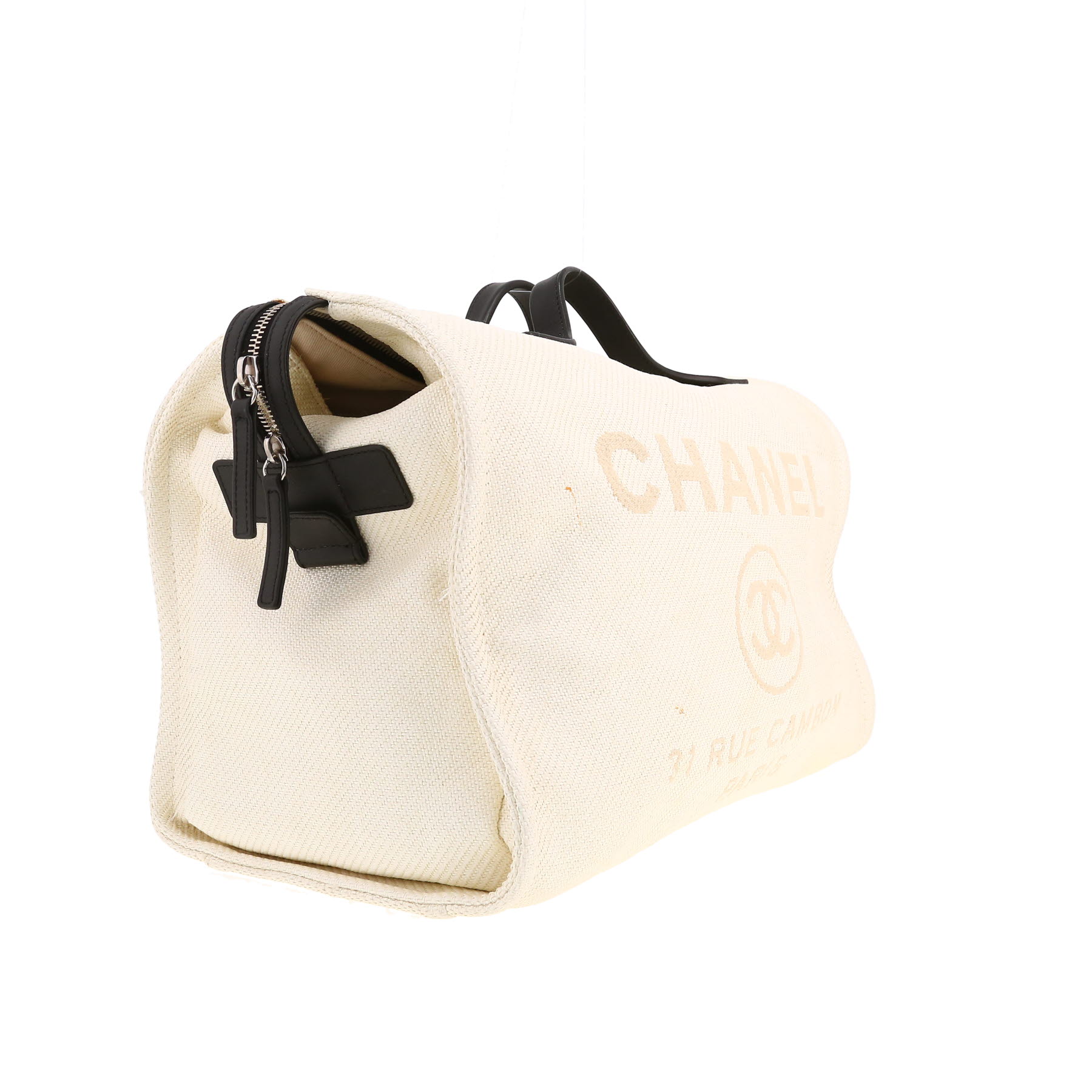 Chanel Deauville shopping bag in beige canvas and black leather