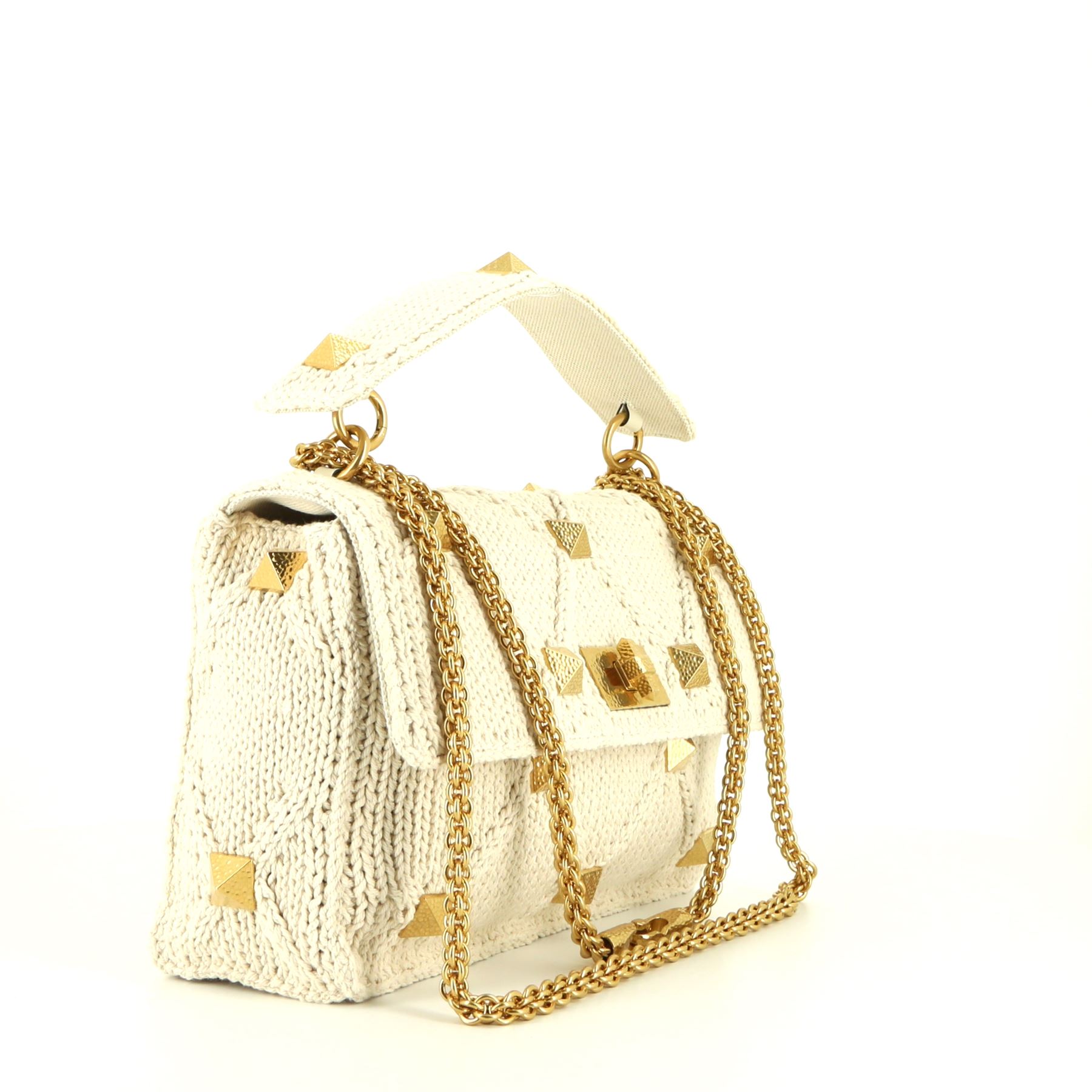 Borsa a tracolla Valentino Garavani Roman Stud in tela beige con decoro di borchie