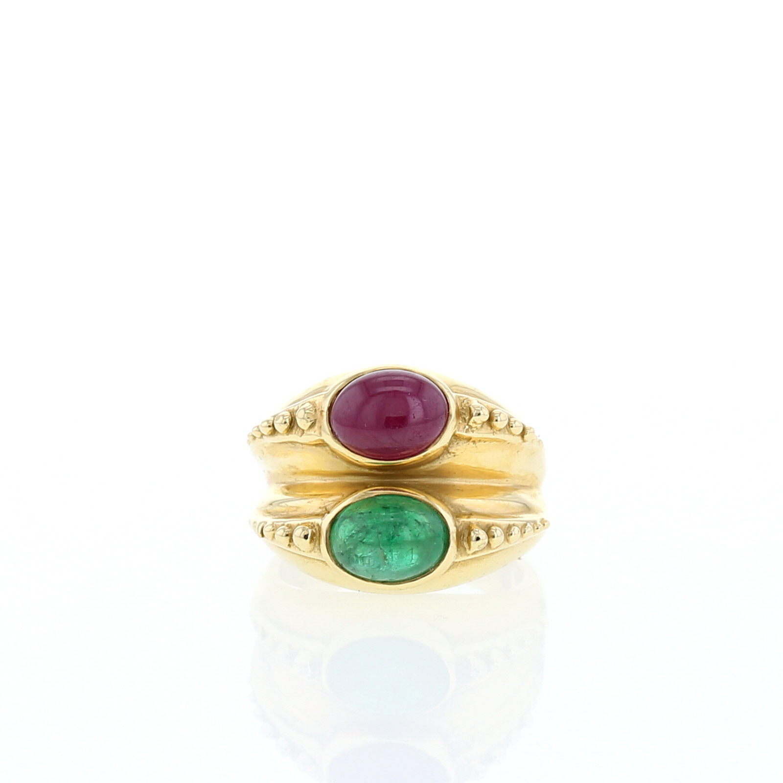 1970'S Ring In 14 Carats Yellow Gold, Ruby And Emerald