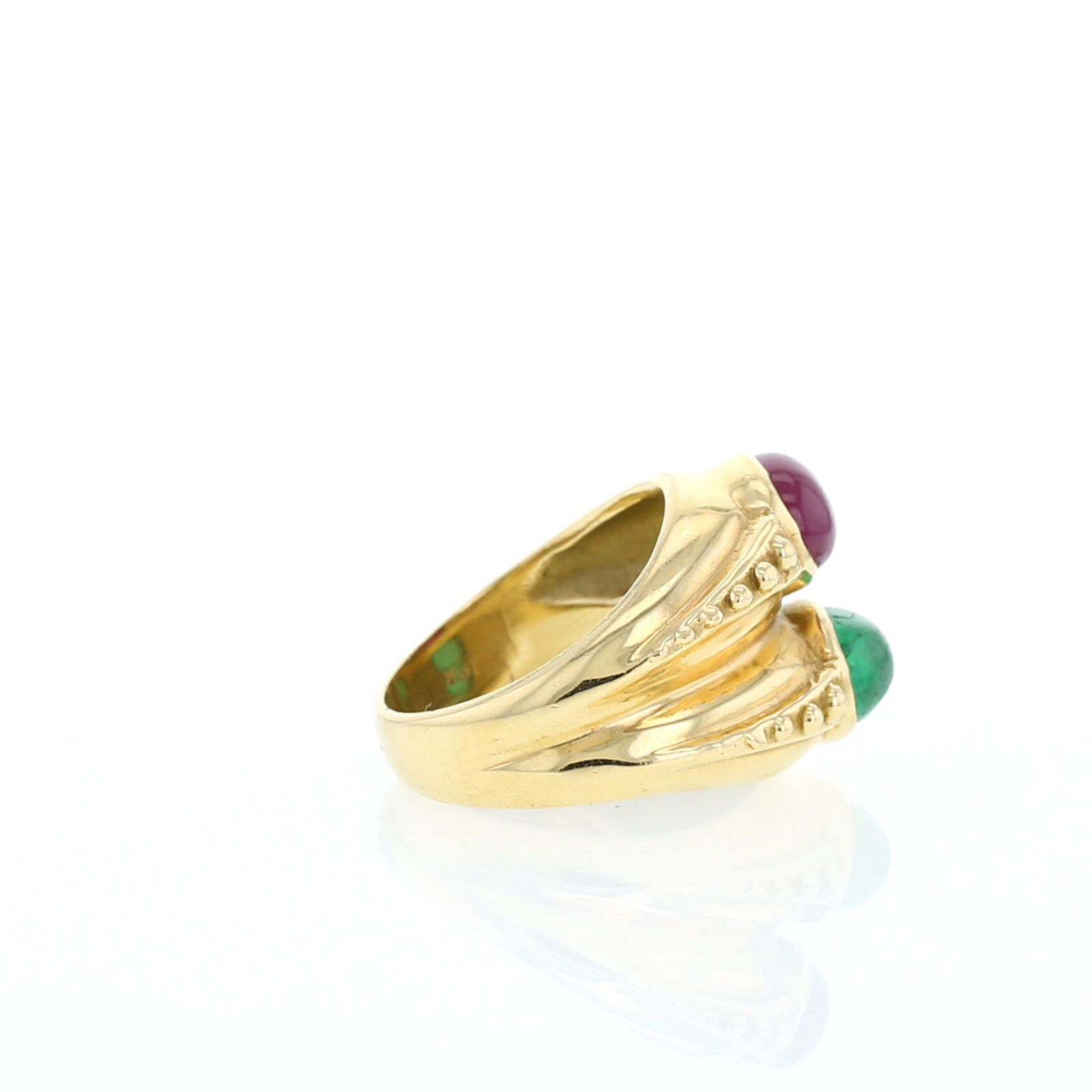 Vintage 1970's ring in 14 carats yellow gold,  ruby and emerald
