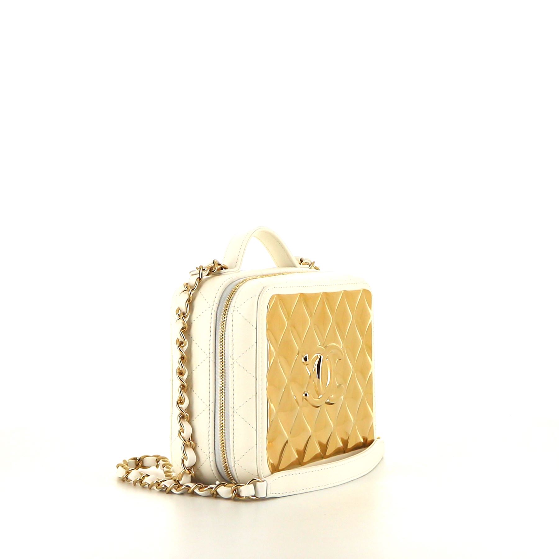 Bolso de mano Chanel Vanity en cuero blanco y metal dorado