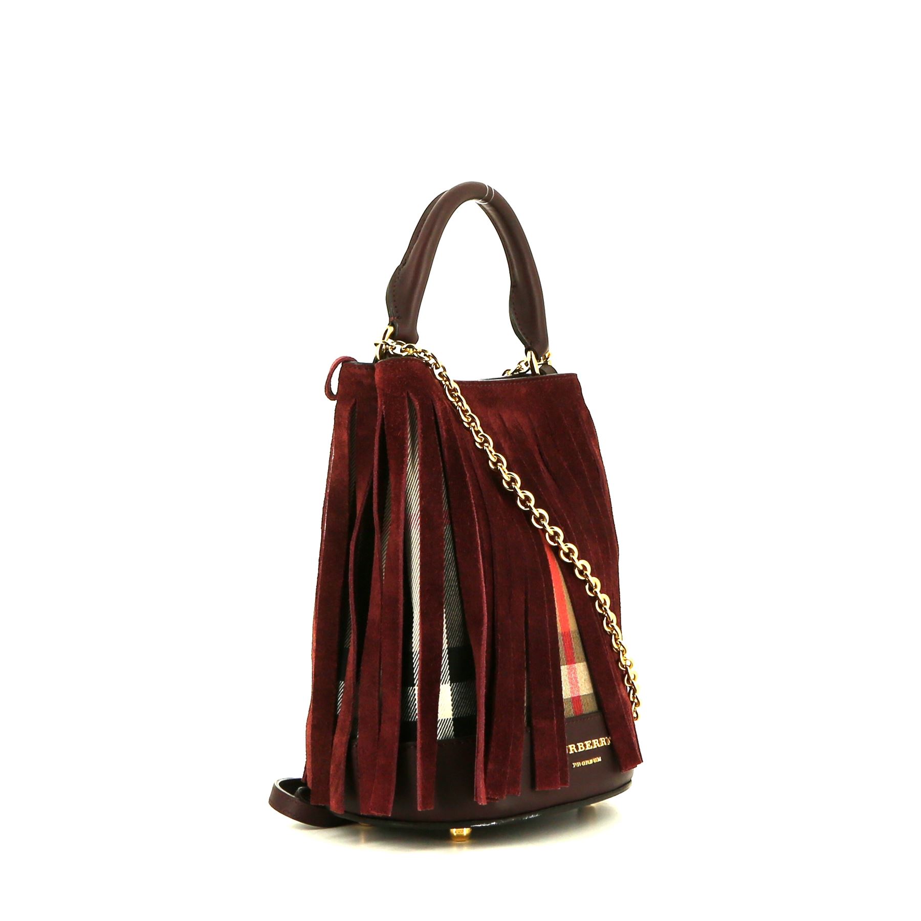 Burberry handbag in beige Haymarket canvas and burgundy suede