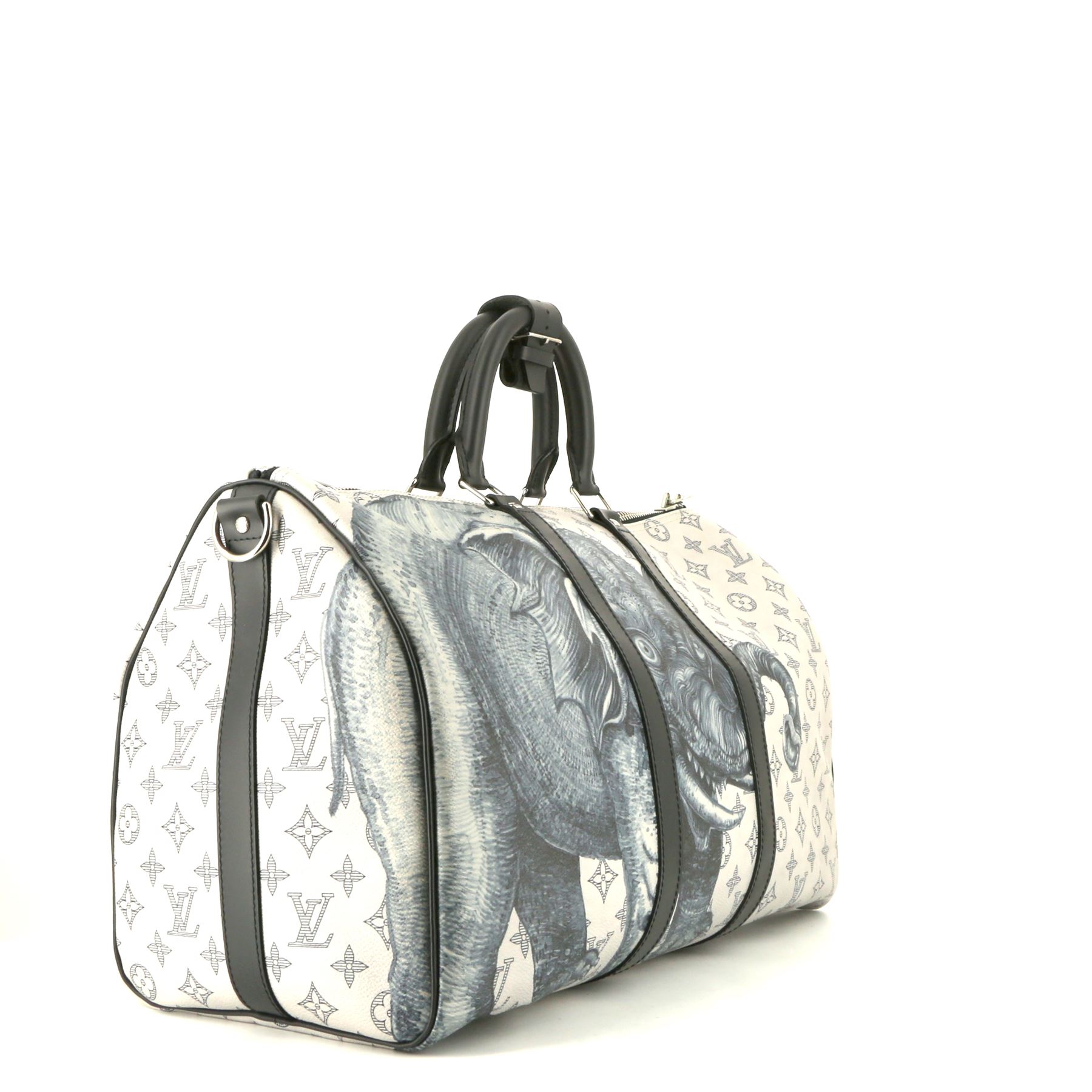 Louis Vuitton Keepall 55 cm travel bag in off-white and navy blue monogram canvas and navy blue leather