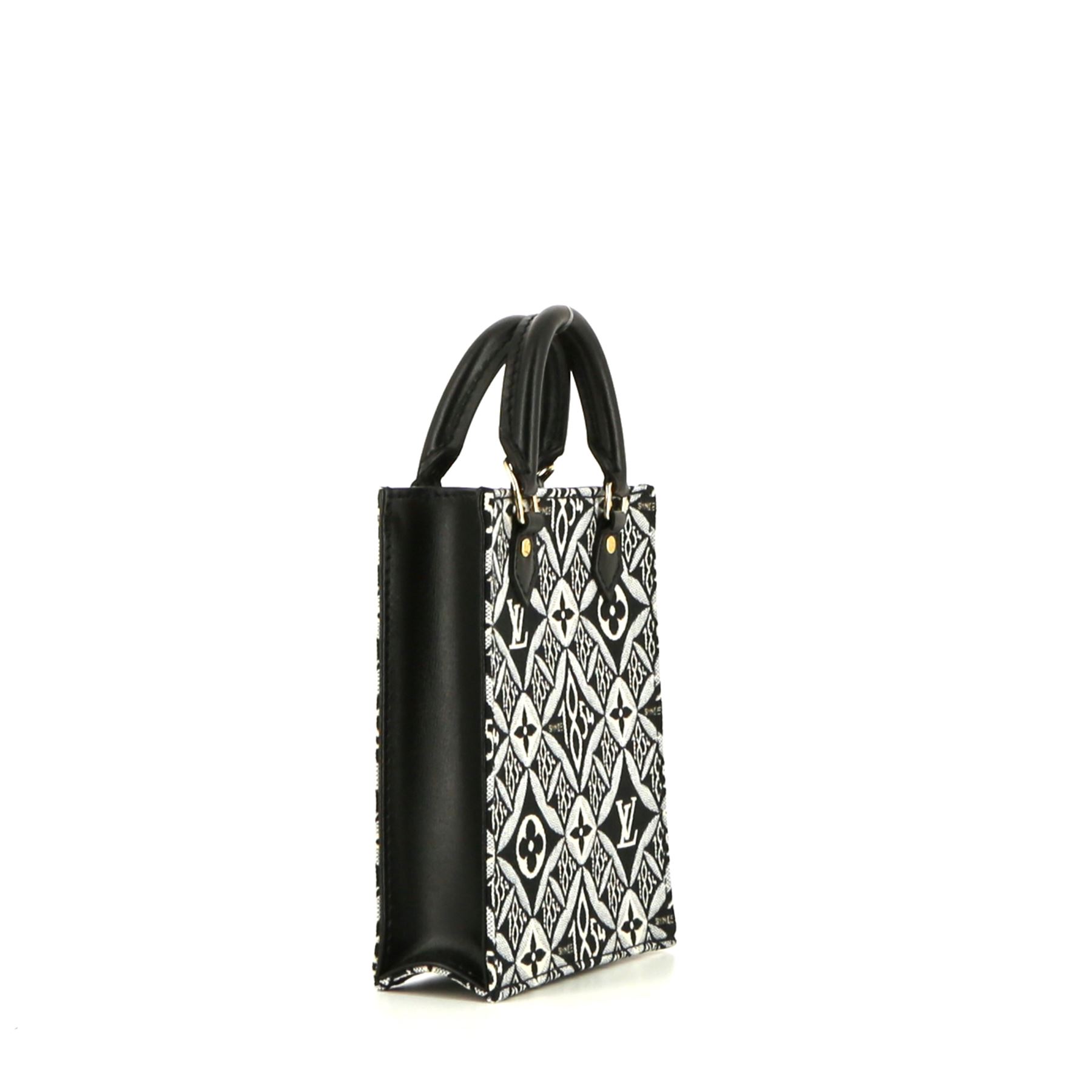 Louis Vuitton Sac Plat small model shoulder bag in black, white and blue monogram canvas and black leather