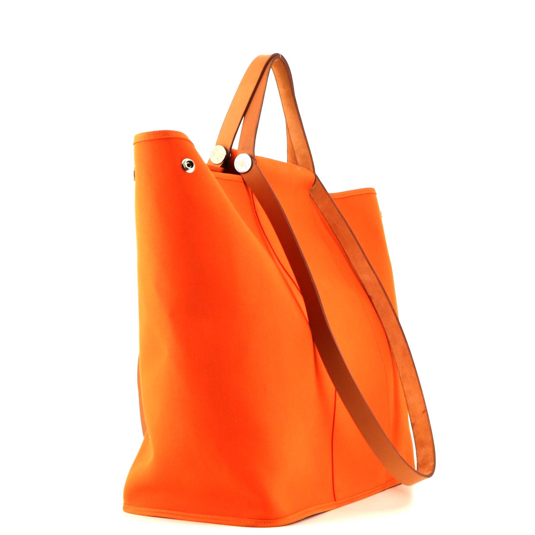Shopping bag Hermès Cabag in tela arancione e mucca Hunter marrone