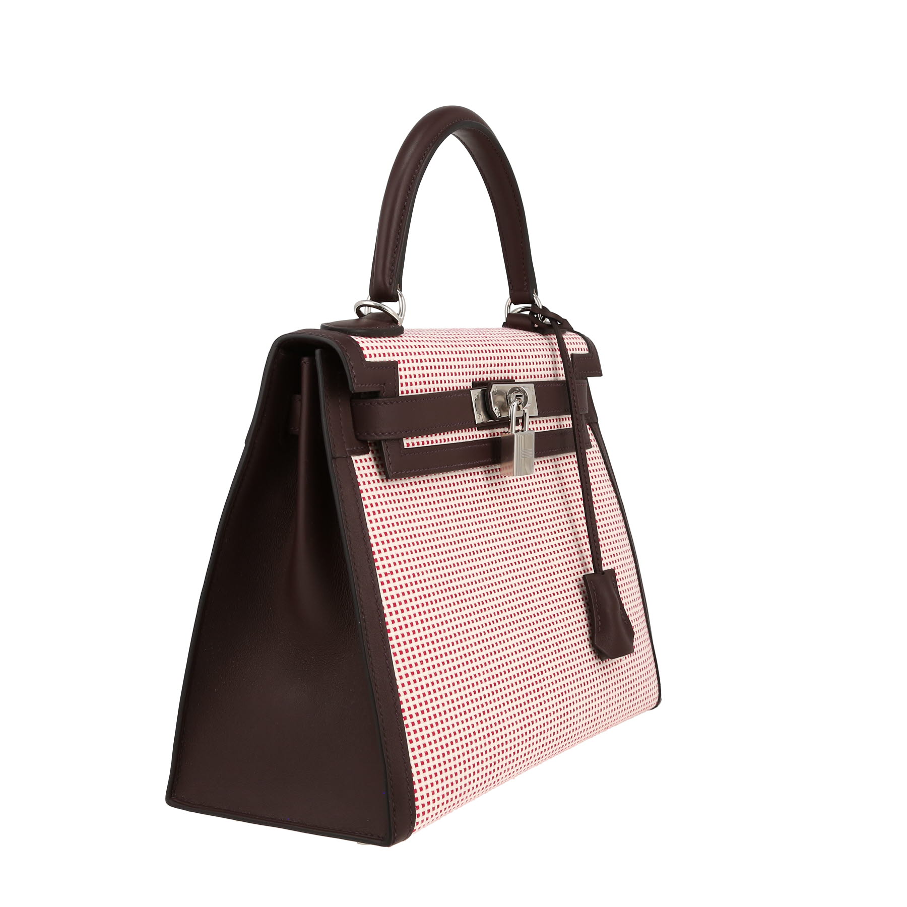 Hermès Kelly 28 cm Quadrille handbag in bicolor canvas and red Sellier Swift leather