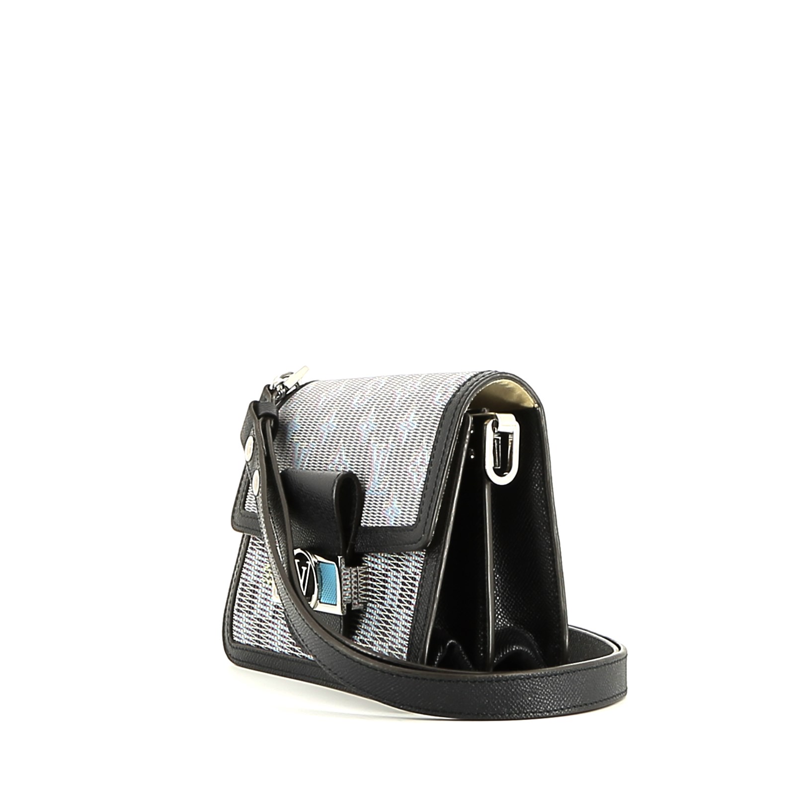 Sac bandoulière Louis Vuitton Dauphine en toile monogram noire bleue et blanche et cuir grainé noir