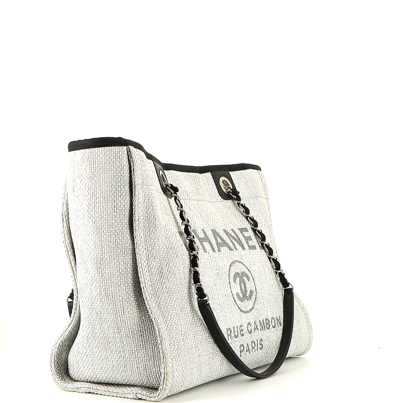 Chanel Deauville shopping bag in grey canvas and black leather