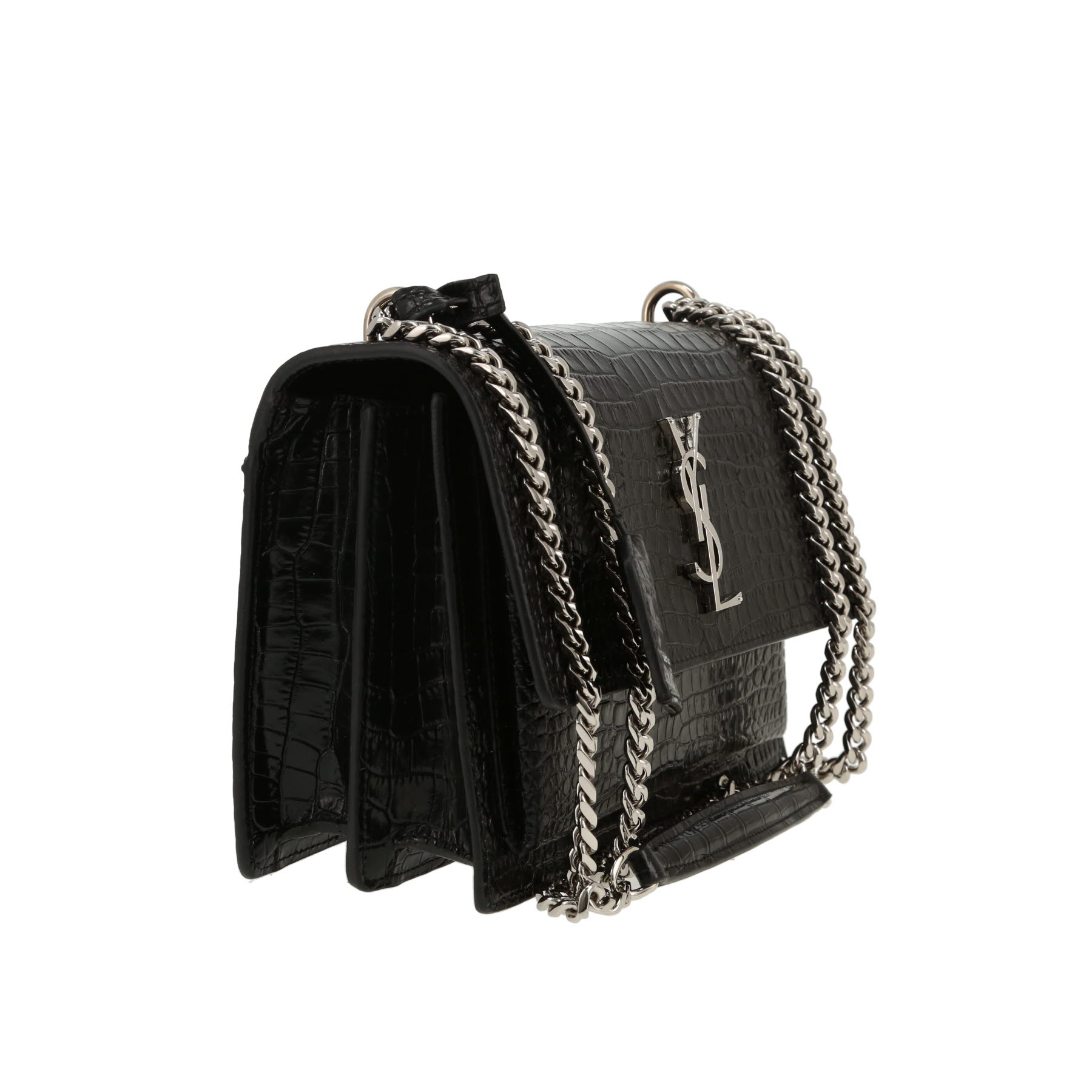 Borsa a tracolla Saint Laurent Sunset in pelle nera simil coccodrillo
