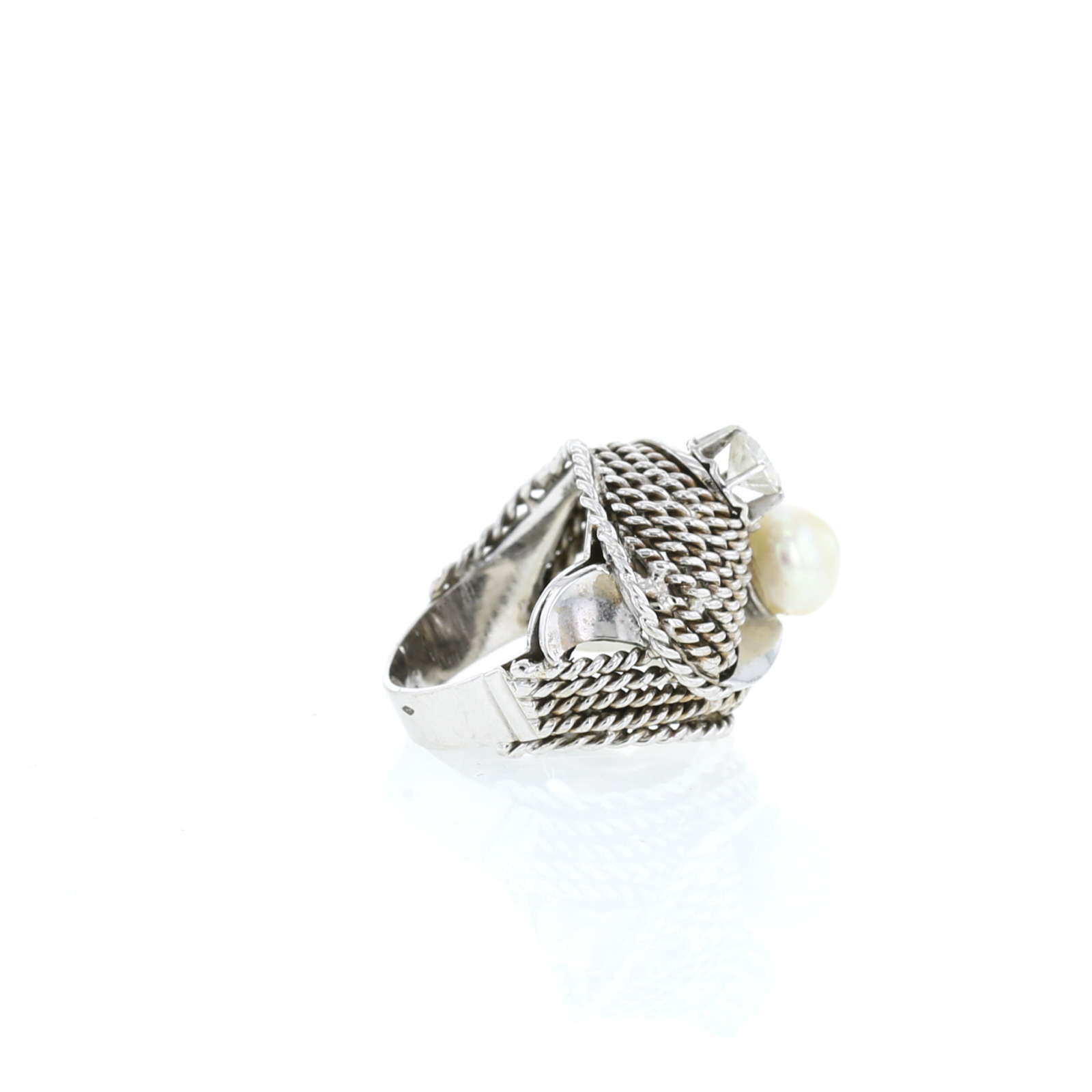 Bague années 80 Vintage en or blanc, diamant et perle de culture