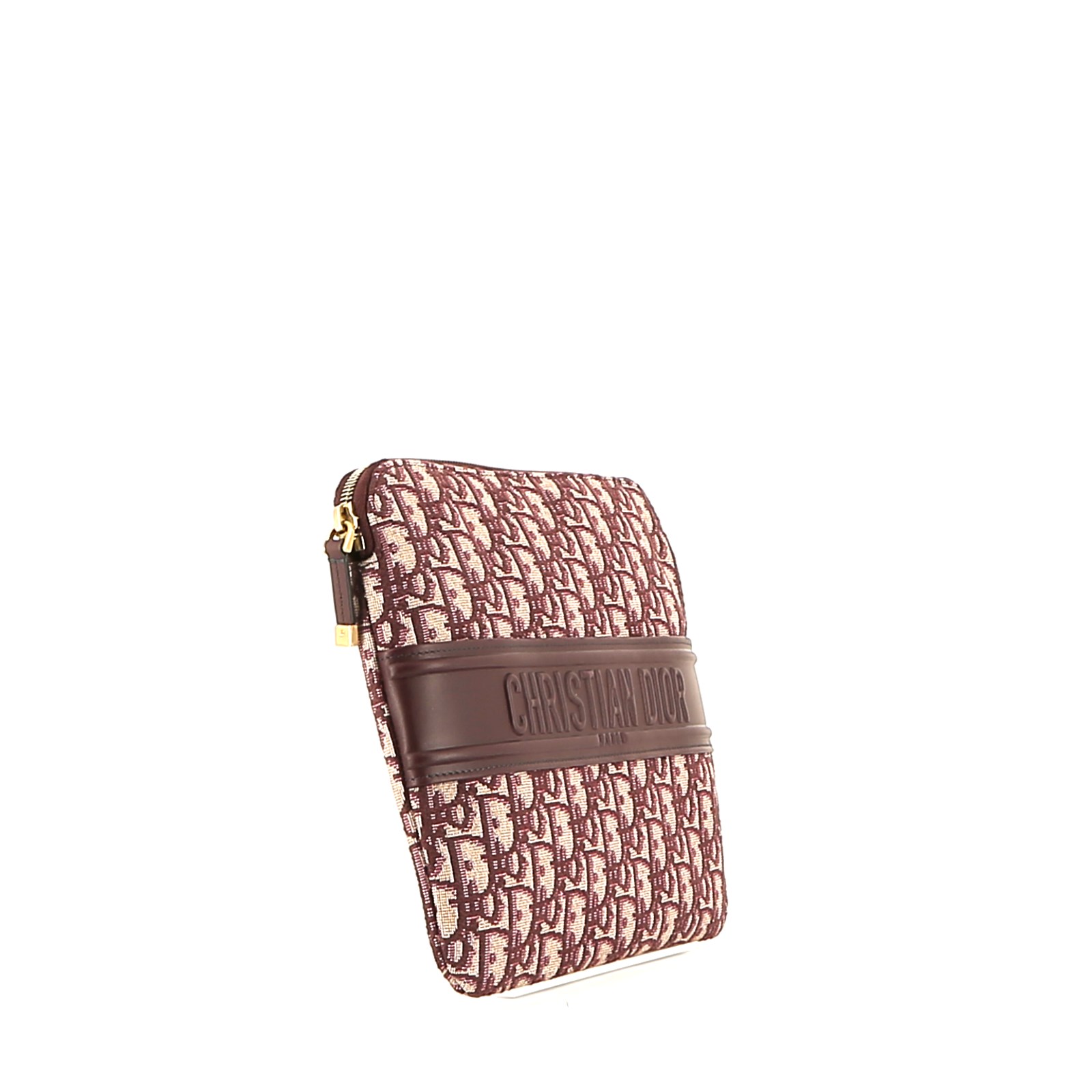Pochette Dior  Oblique en toile monogram Oblique bordeaux et beige et cuir bordeaux