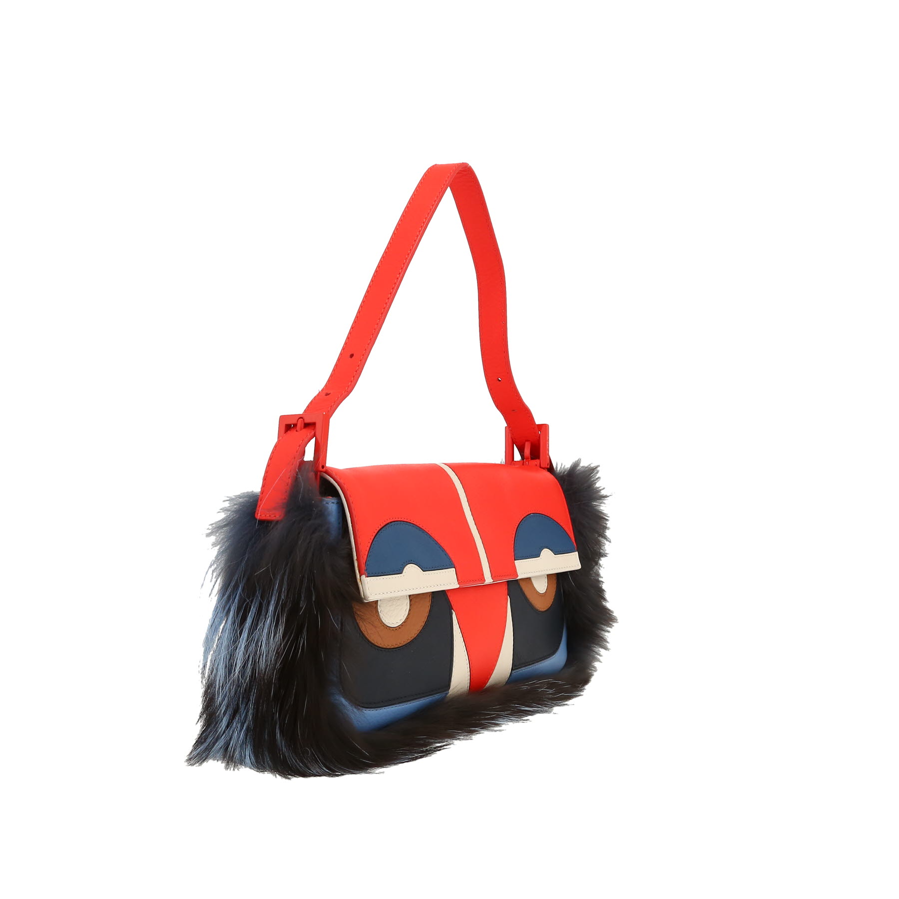 Fendi  Baguette handbag  in red, blue, white and black leather  and black furr