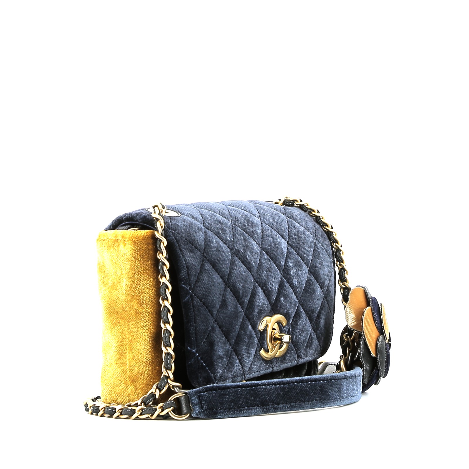 Bolso de mano Chanel   en terciopelo azul marino color mostaza y gris