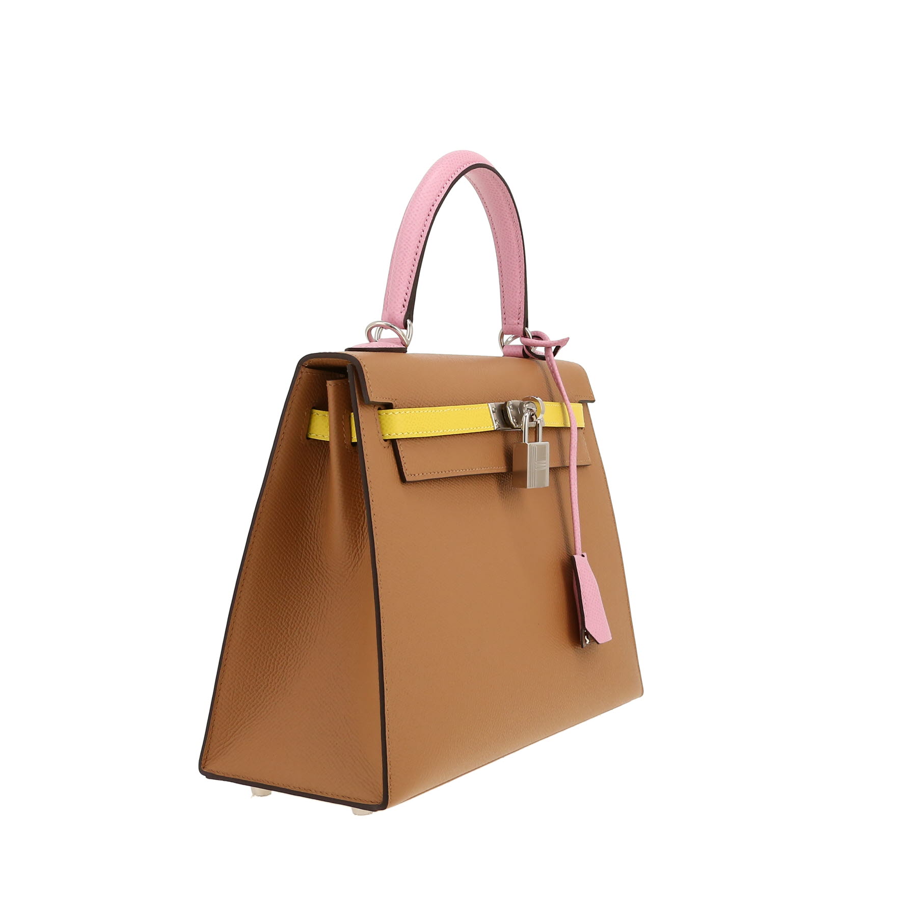 Borsa Hermès  Kelly 25 cm in pelle Epsom tricolore beige Chai malva Sylvestre e giallo Lime