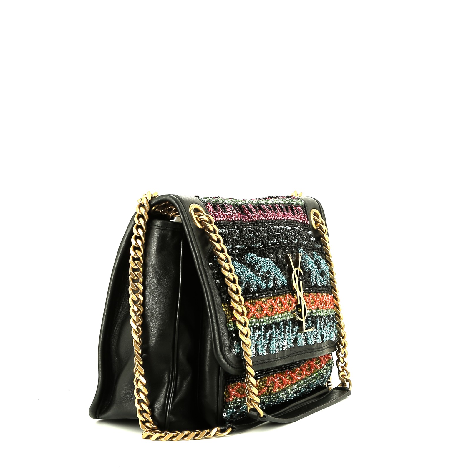 Sac bandoulière Saint Laurent  Niki moyen modèle  en cuir noir et sequin multicolore