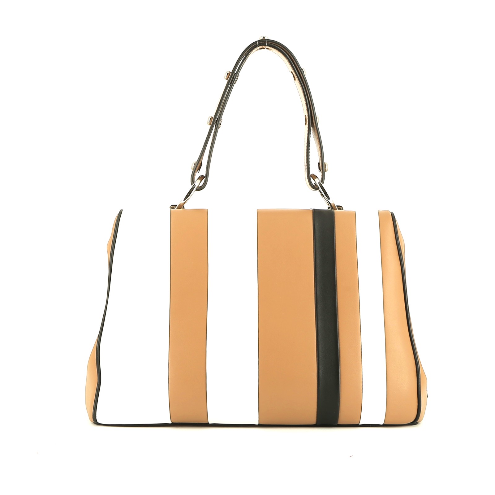 Handbag In Beige, White And Black Tricolor Leather