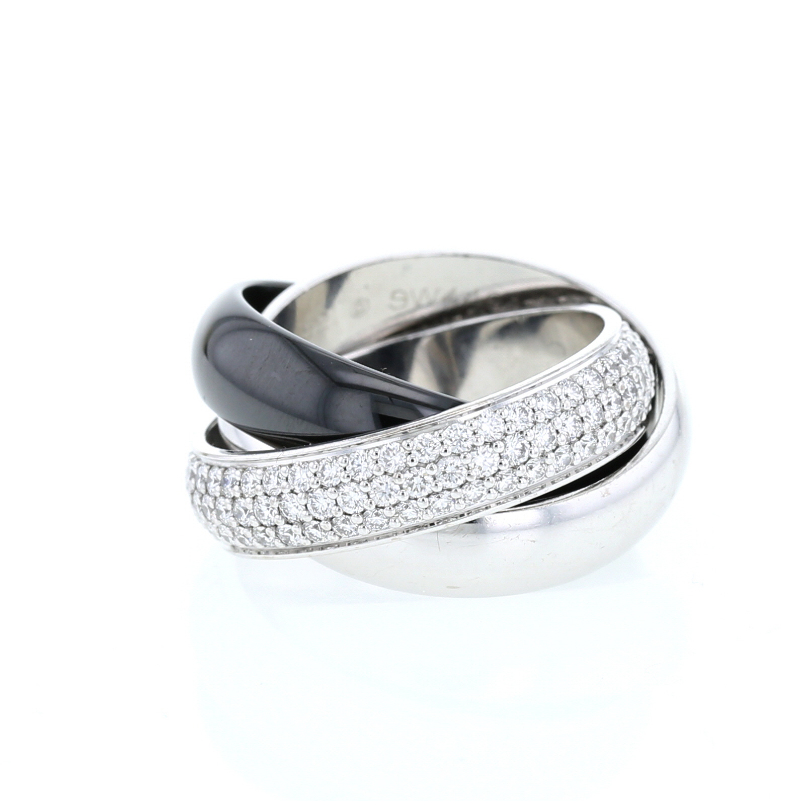 Anello Cartier Trinity modello grande in oro bianco, diamanti e ceramica