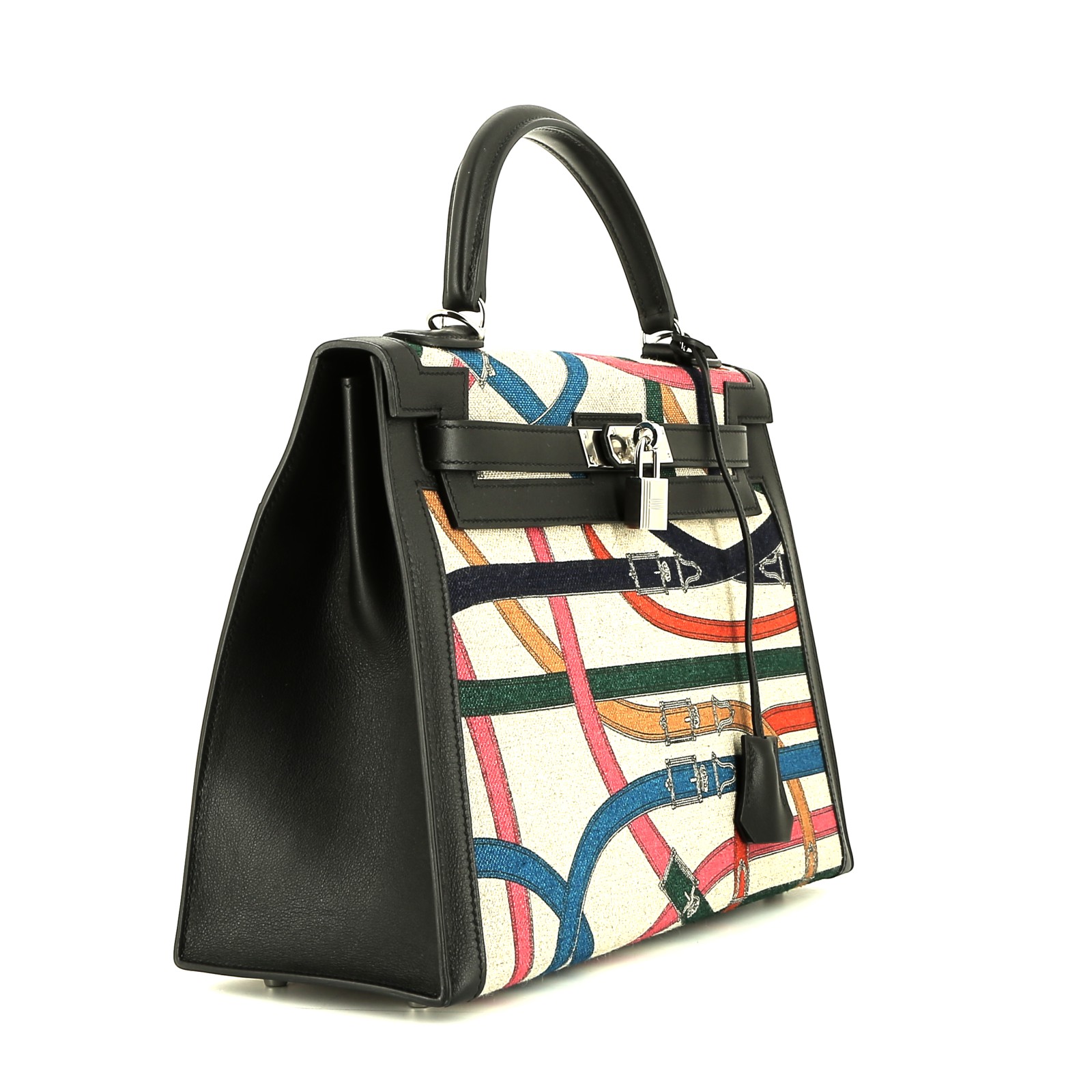 Borsa Hermès  Kelly 32 cm Cavalcadour in tela beige e pelle nera