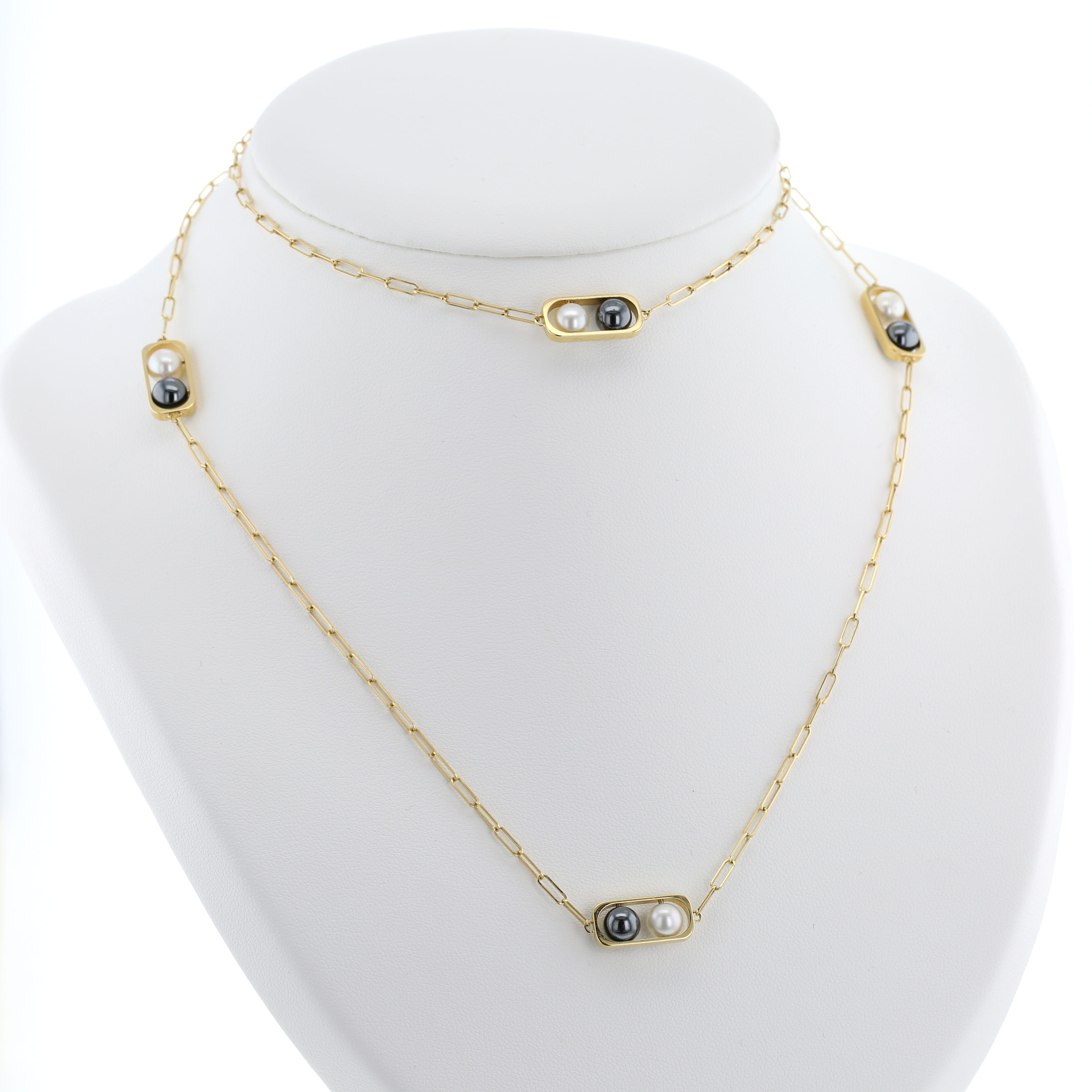 Collana lunga Dinh Van 2 perles in oro giallo, perla coltivata e hematite