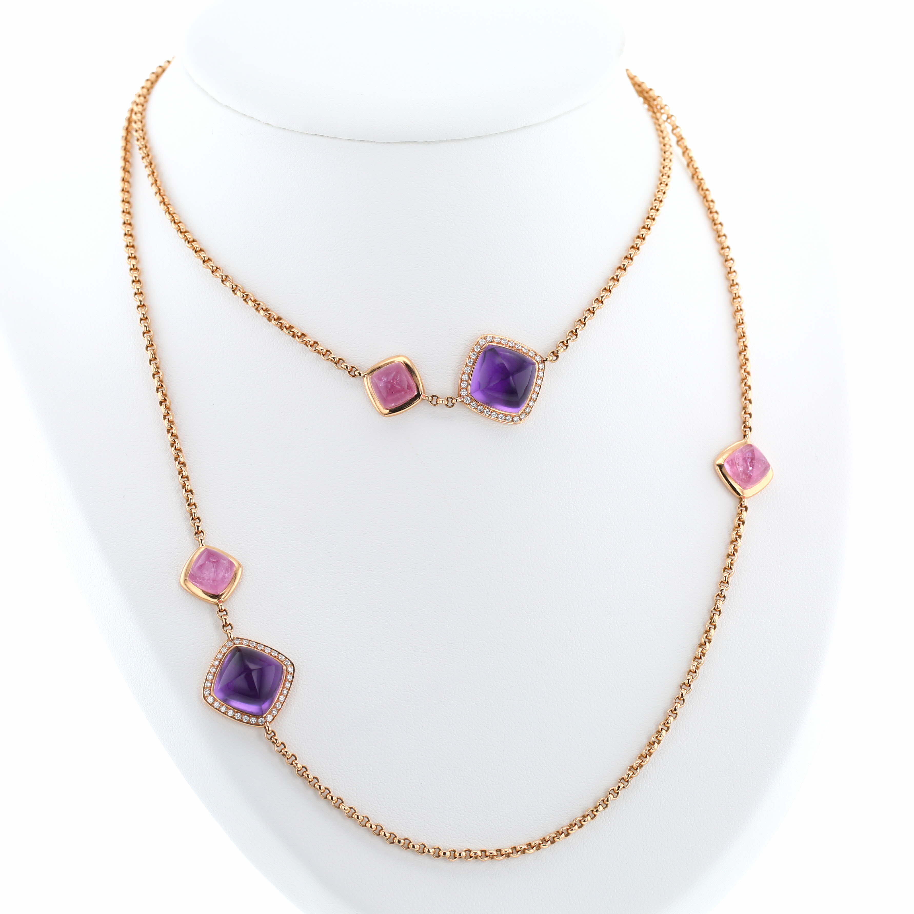 Sautoir Fred Pain de Sucre en or rose, améthyste, quartz rose et diamants