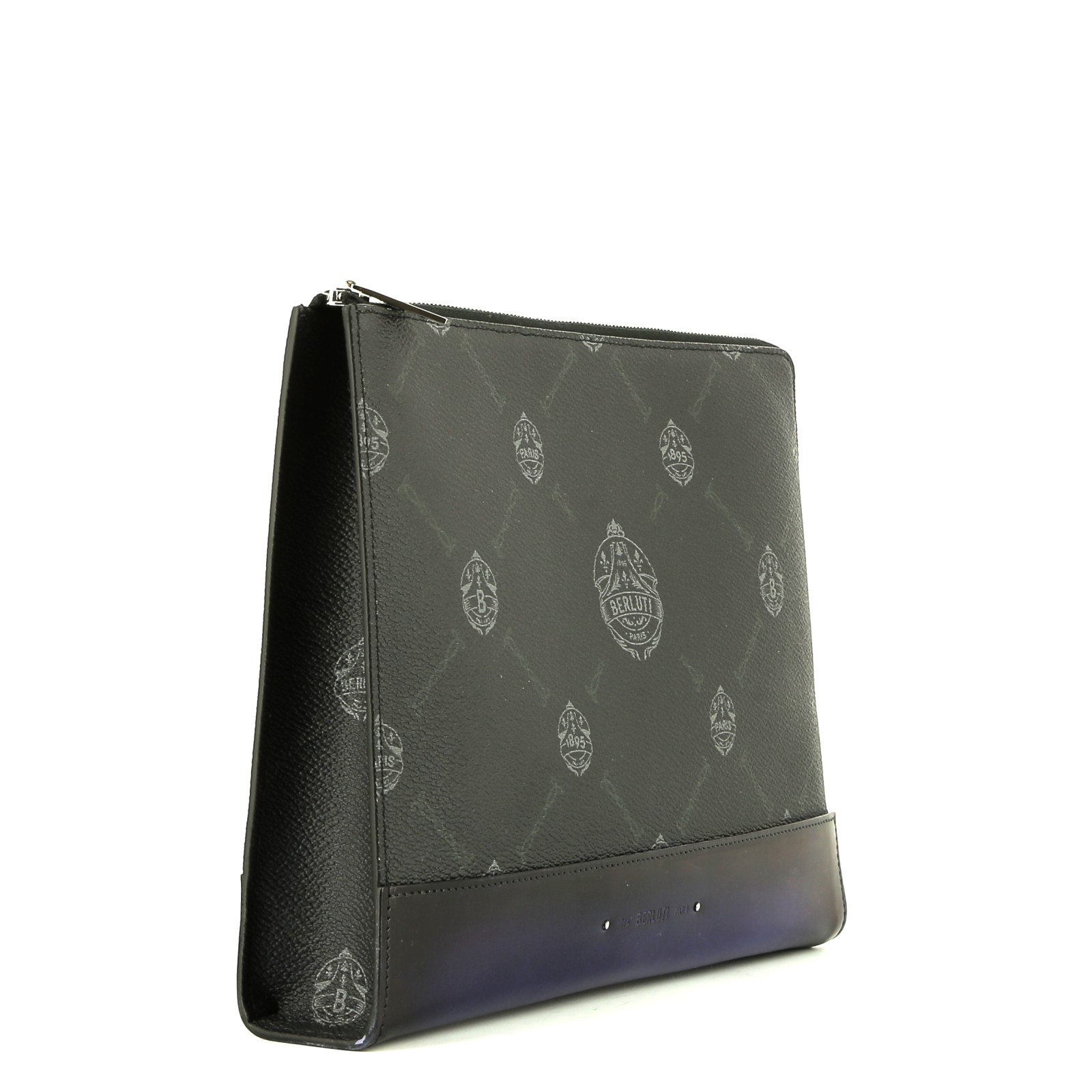 Pochette Berluti   en toile noire et cuir bleu
