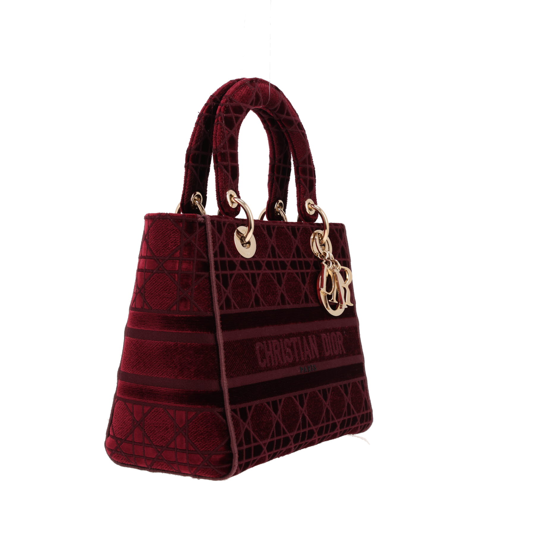 Bolso de mano Dior  Lady Dior modelo mediano  en terciopelo color burdeos