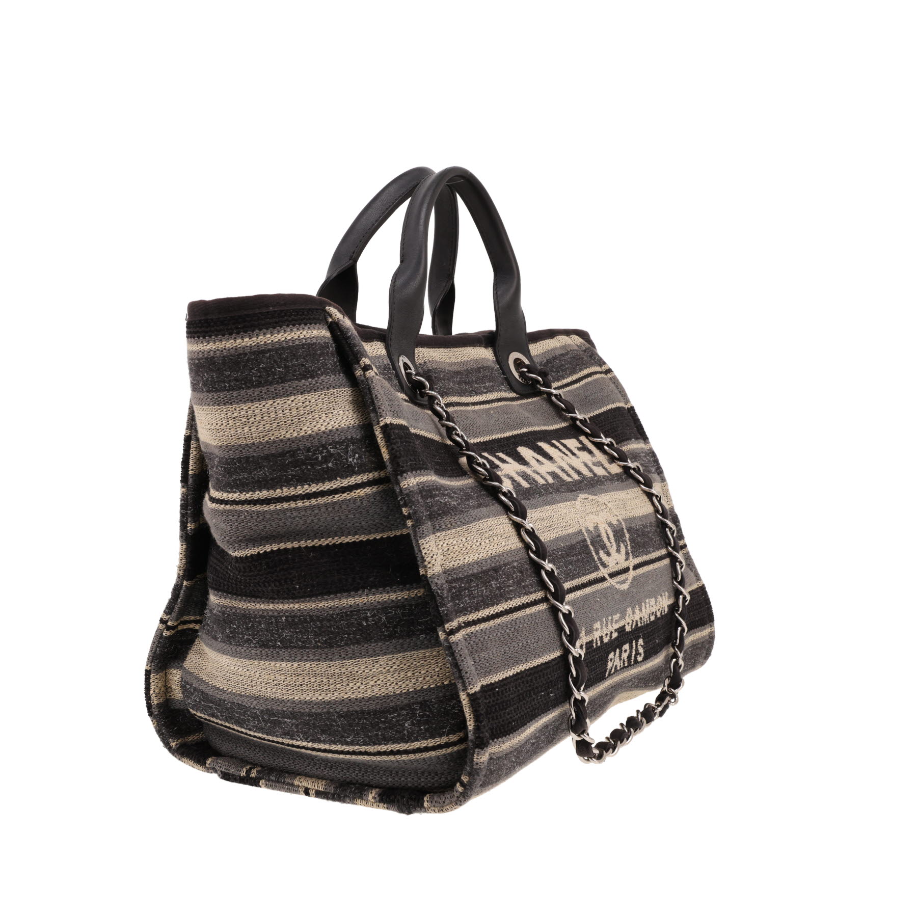 Sac cabas Chanel  Deauville en toile tricolore beige noire et bleue et cuir bleu-marine