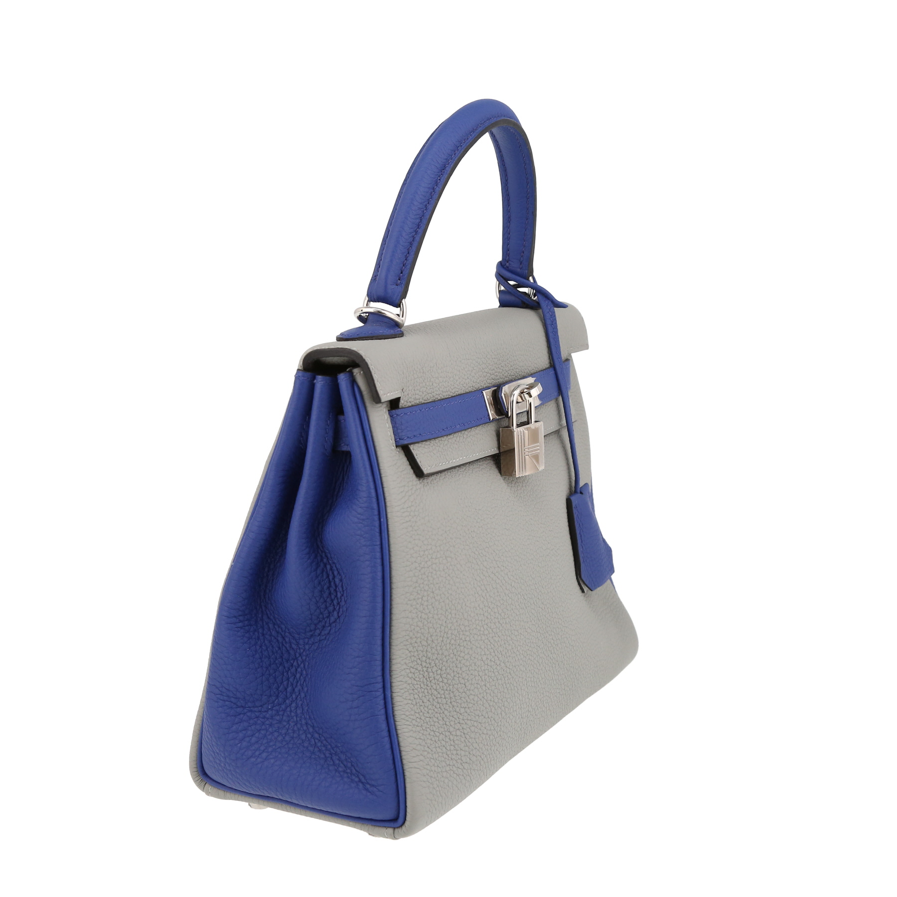 Bolso de mano Hermès  Kelly 25 cm en cuero togo Gris Mouette y azul eléctrico