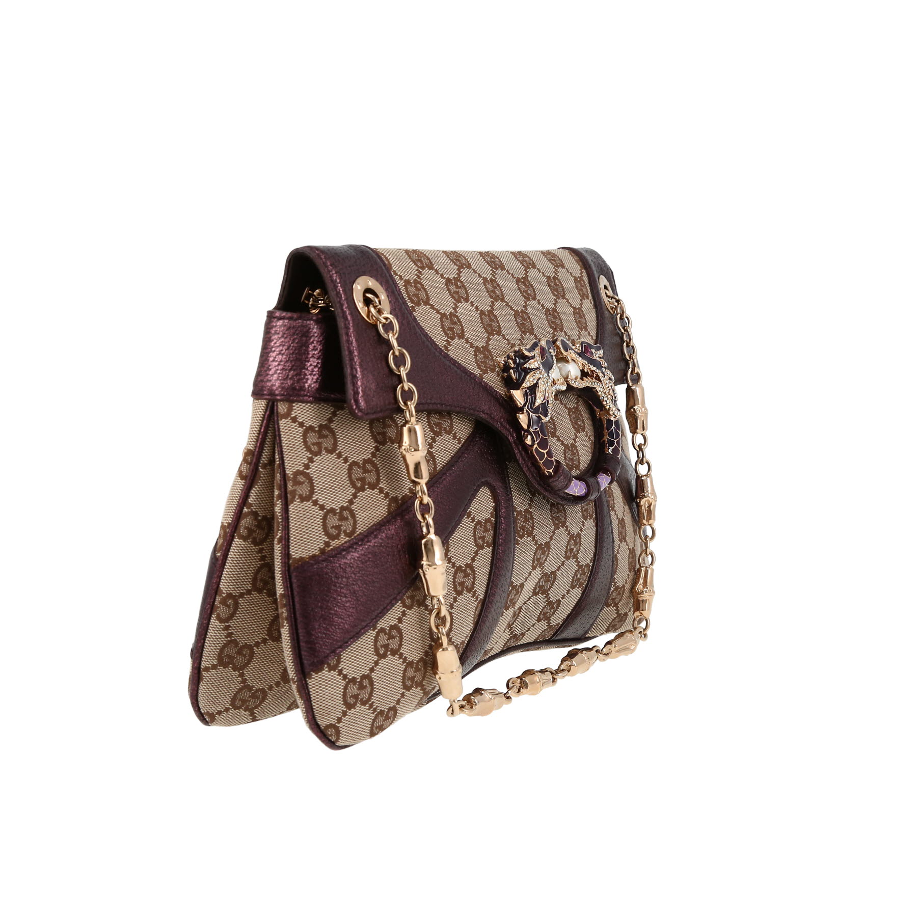 Borsa da spalla o a mano Gucci  Dragon in tela monogram beige e pelle viola