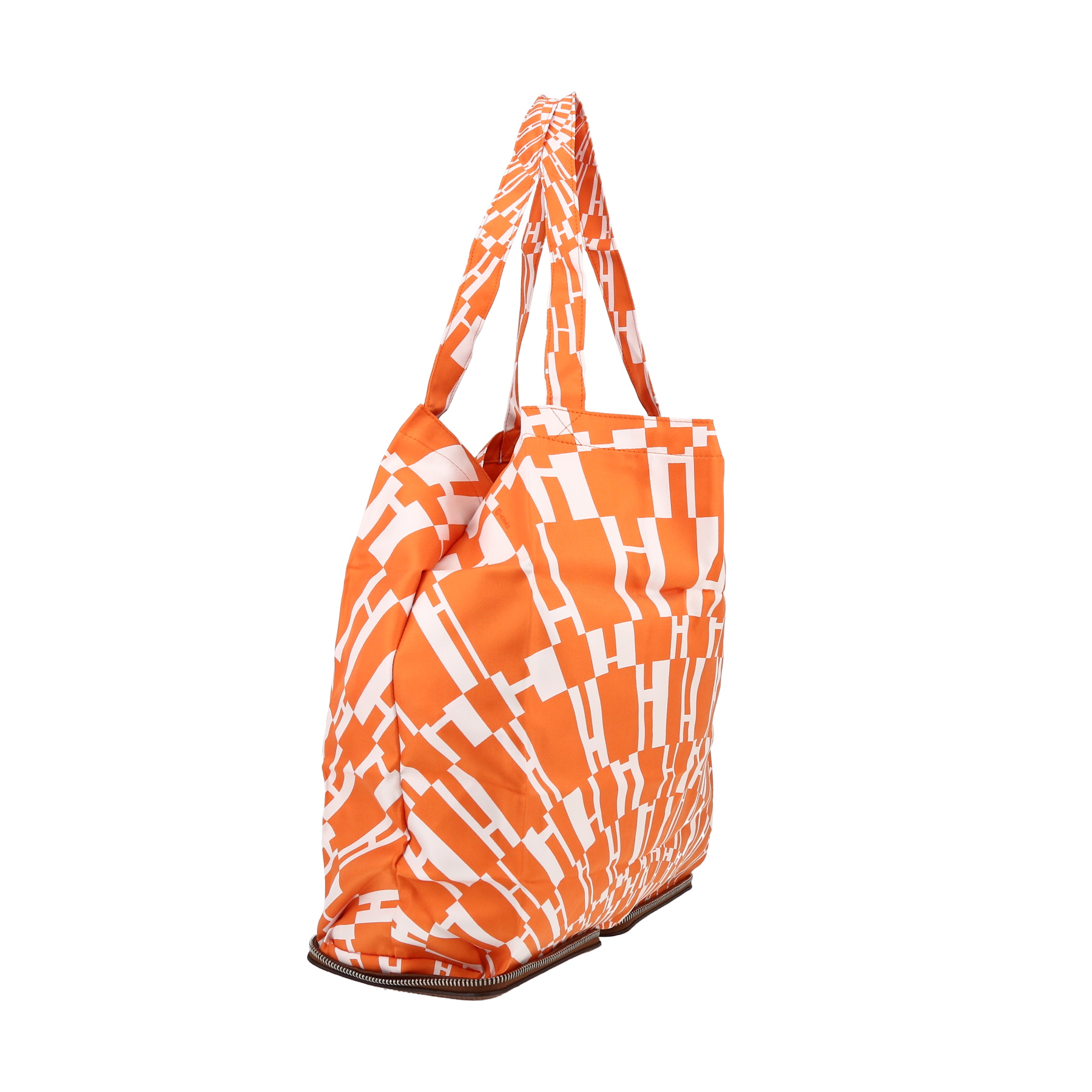 Hermès  Silky Pop - Shop Bag shopping bag  in orange satin  and brown leather