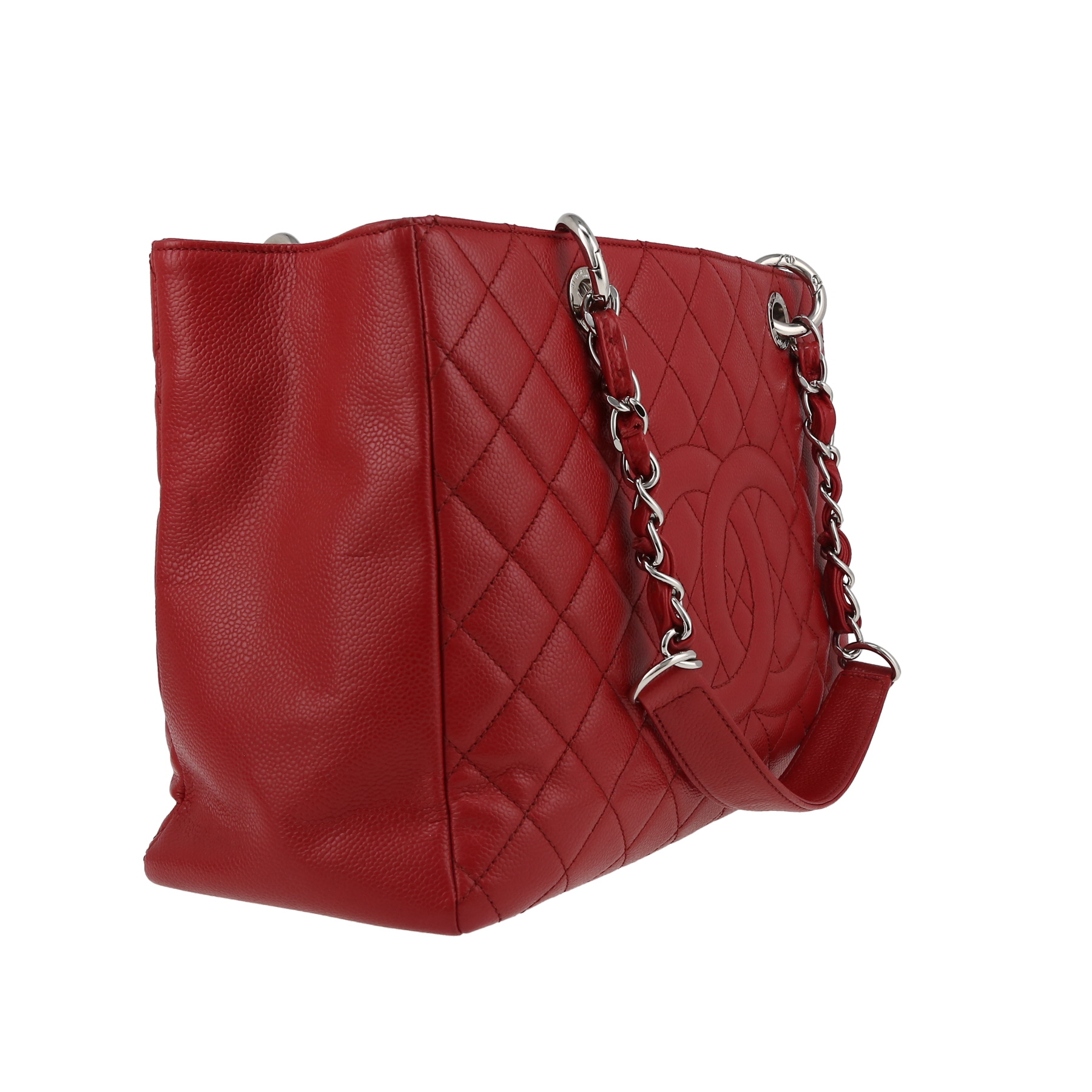 Sac porté épaule ou main Chanel  Shopping GST en cuir grainé matelassé rouge