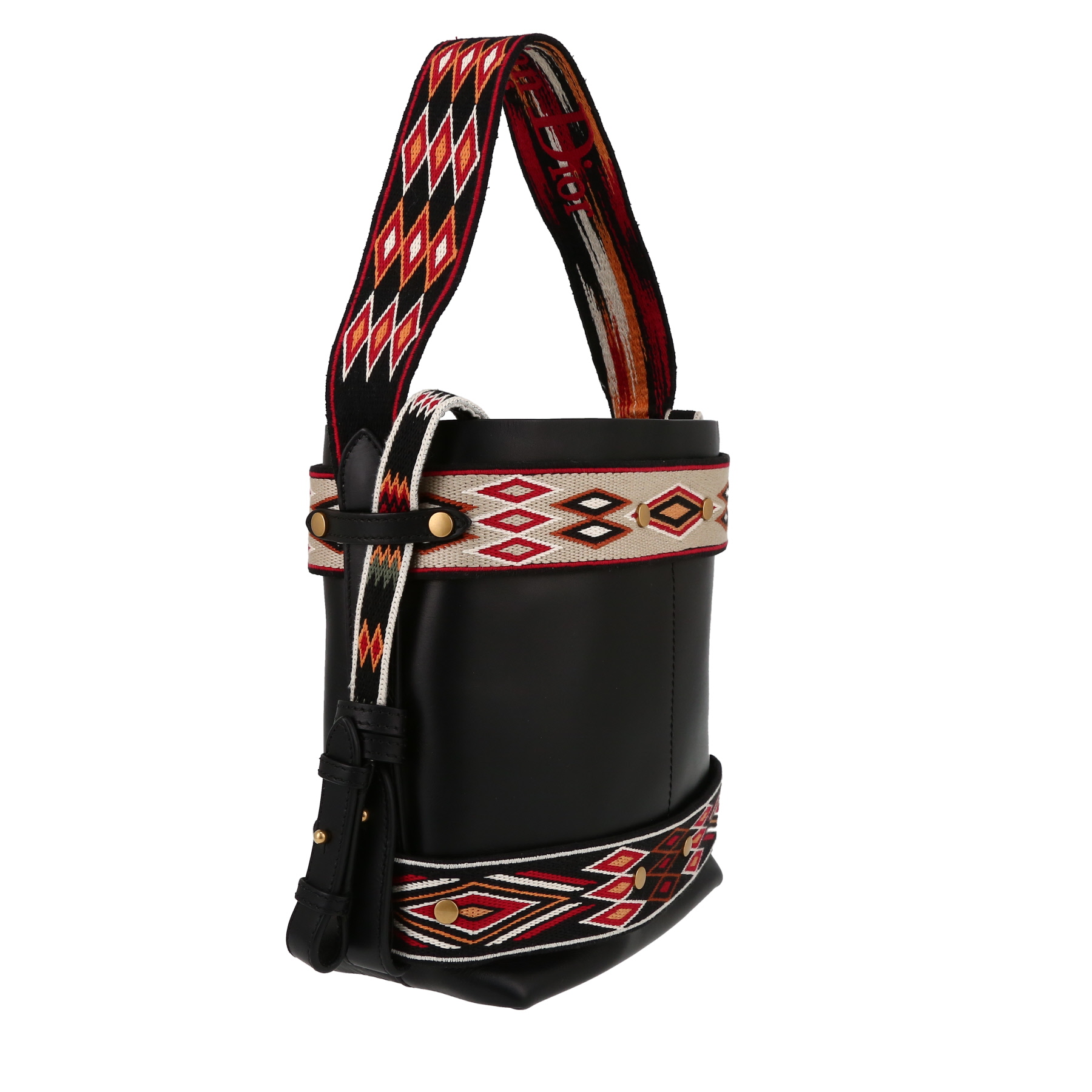 Dior   handbag  in black leather  and multicolor canvas
